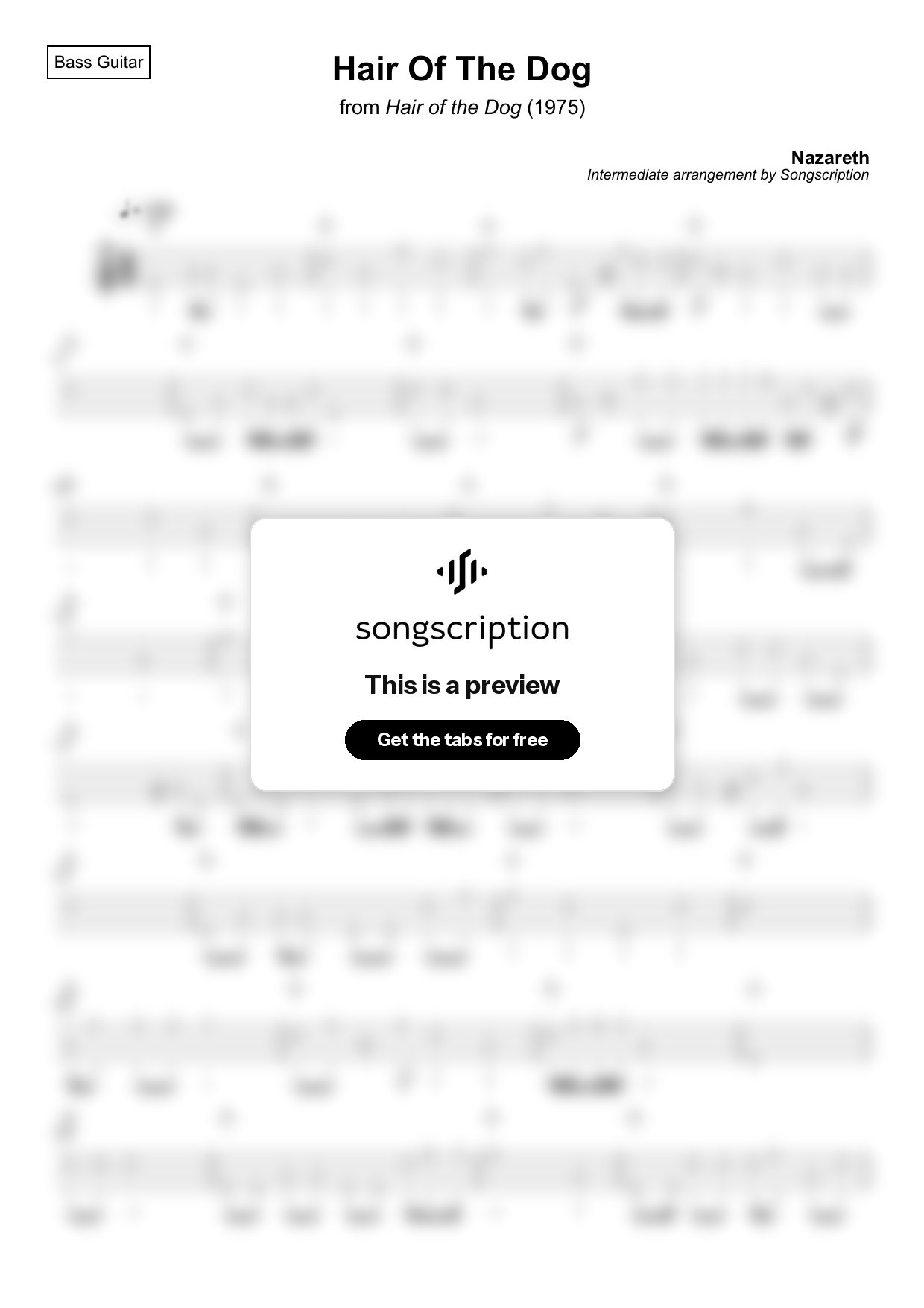 Intermediate Bass Guitar Tabs for "Hair Of The Dog" by Nazareth