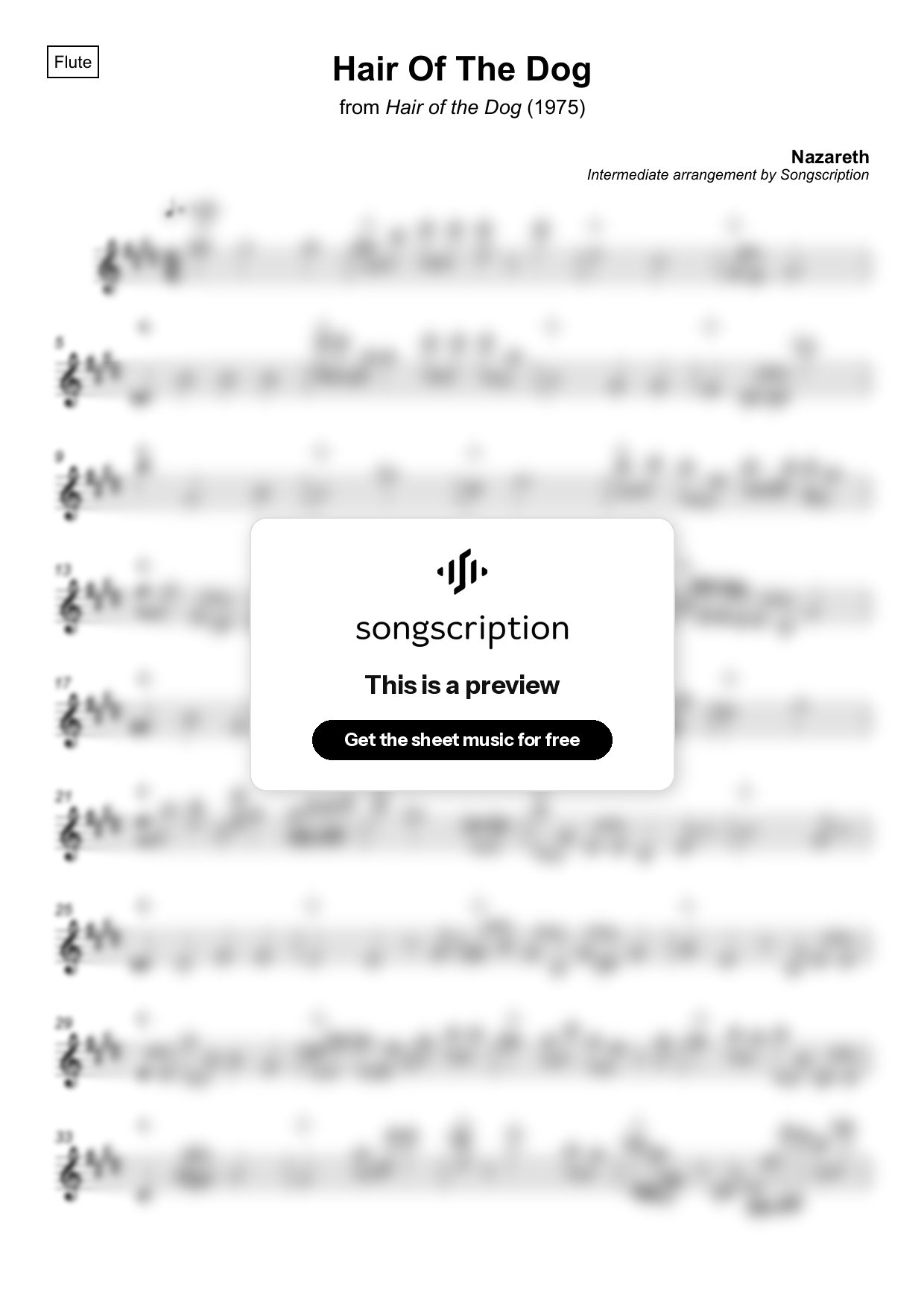 Intermediate Flute Sheet Music for "Hair Of The Dog" by Nazareth