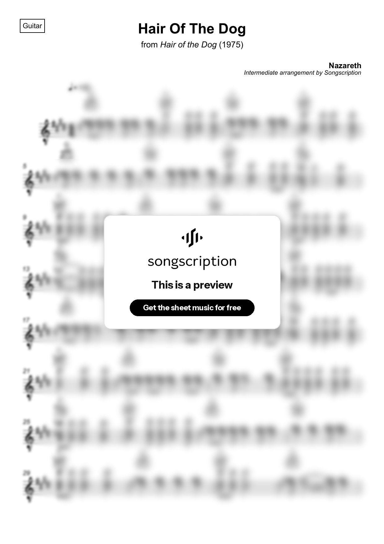 Intermediate Acoustic Guitar Sheet Music for "Hair Of The Dog" by Nazareth