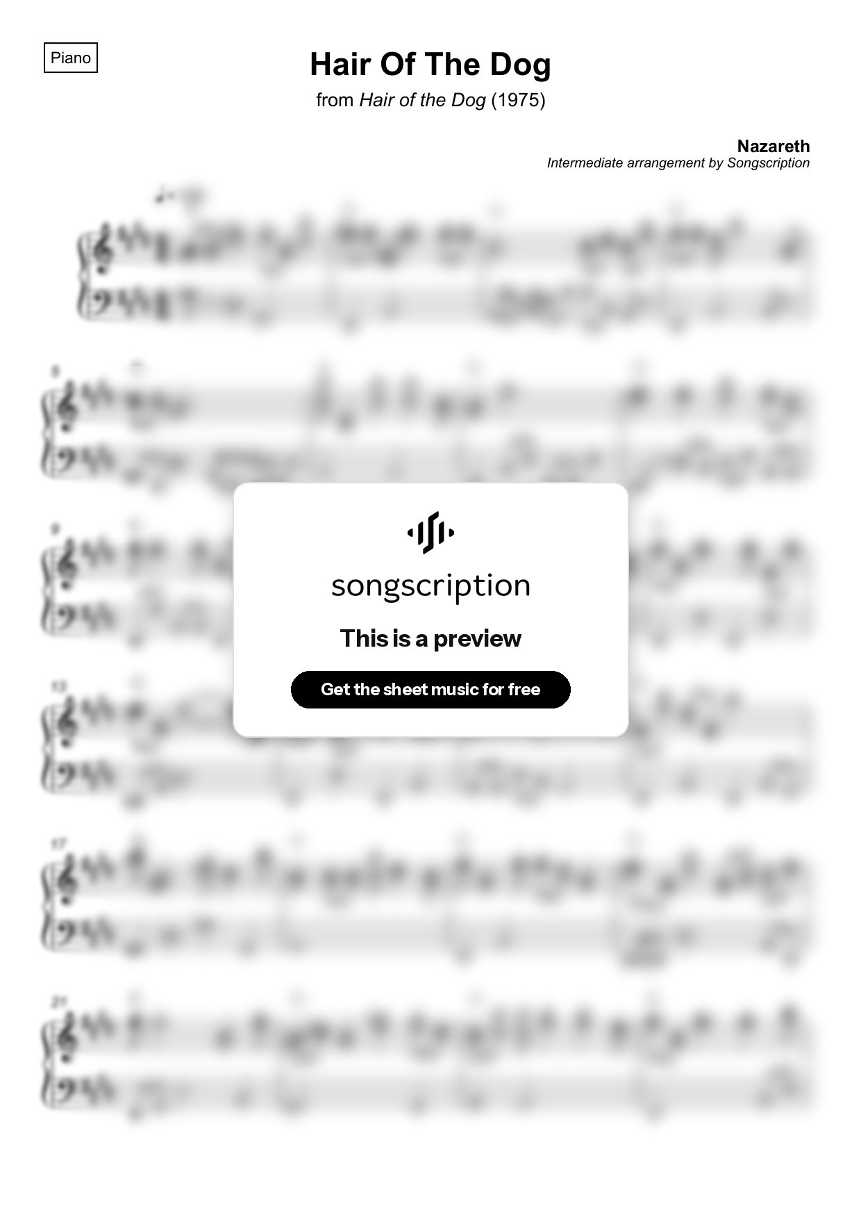 Intermediate Piano Sheet Music for "Hair Of The Dog" by Nazareth