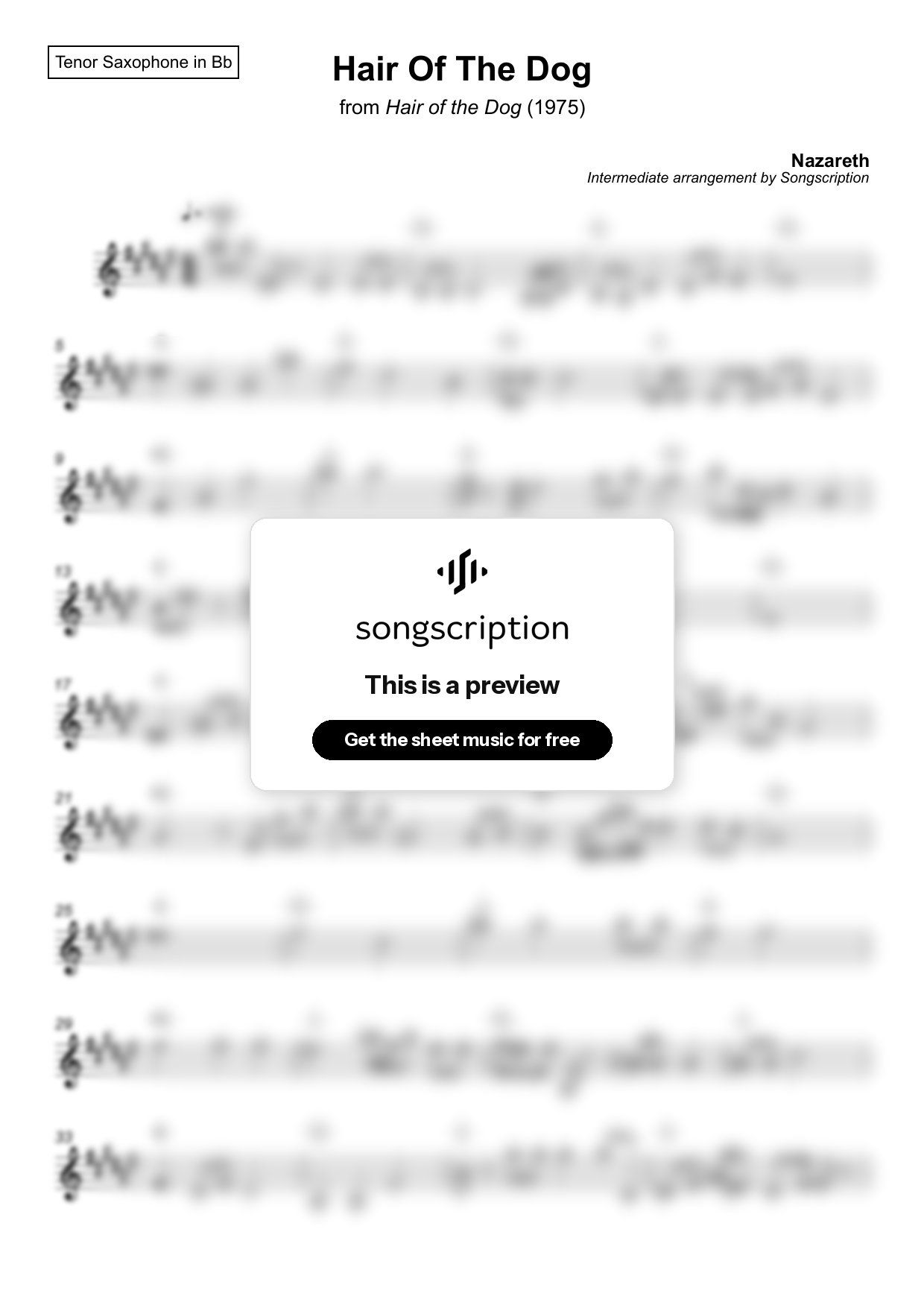 Intermediate Tenor Sax Sheet Music for "Hair Of The Dog" by Nazareth