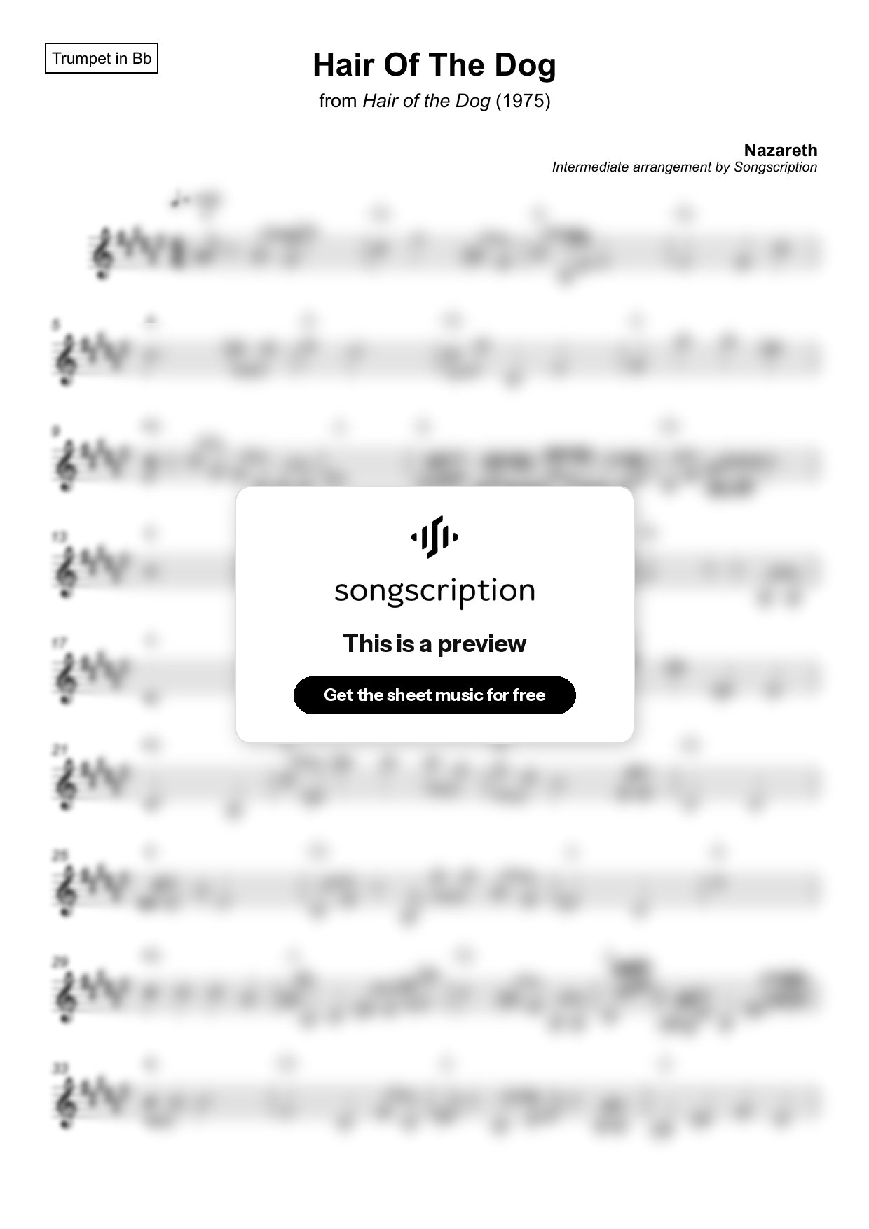 Intermediate Trumpet Sheet Music for "Hair Of The Dog" by Nazareth