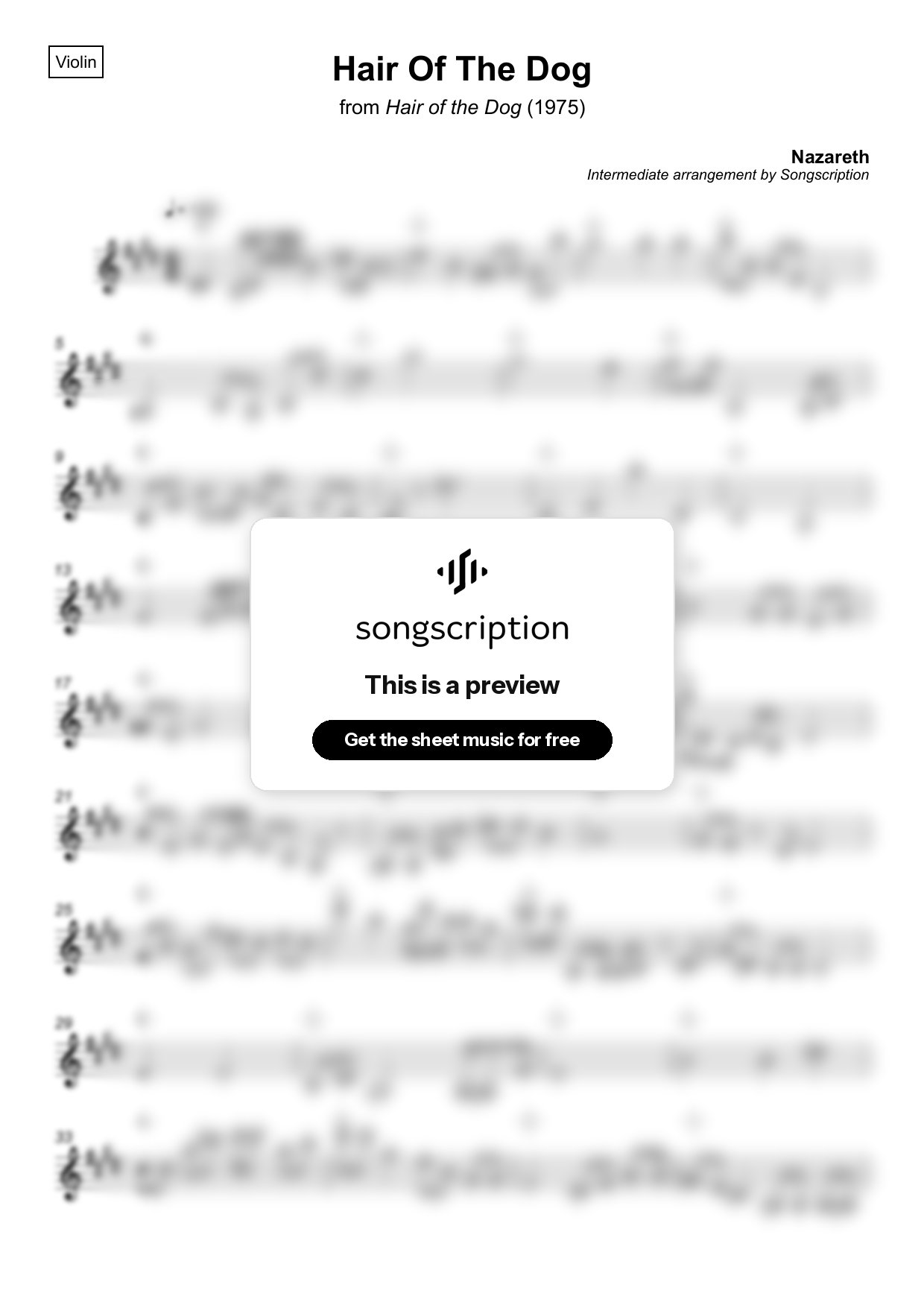 Intermediate Violin Sheet Music for "Hair Of The Dog" by Nazareth