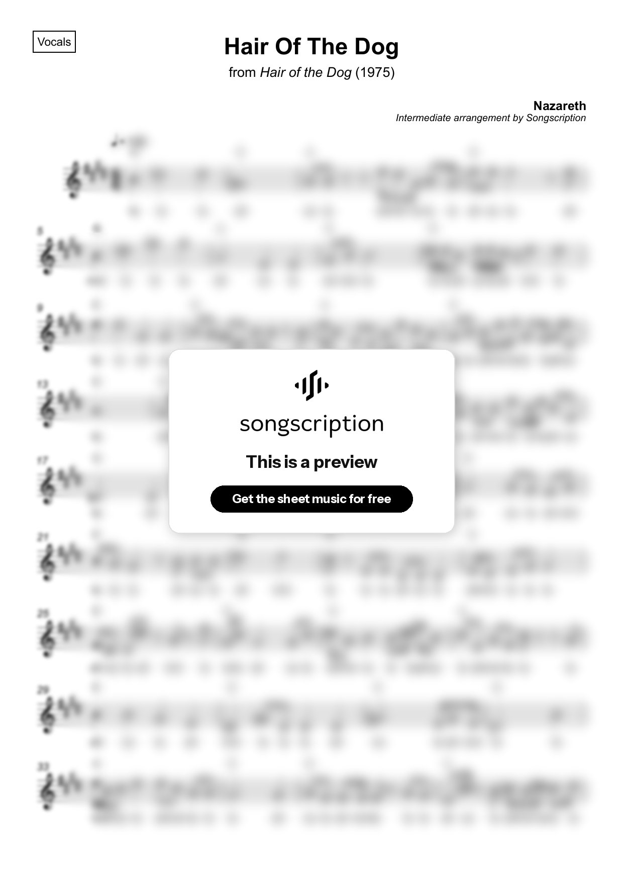 Intermediate Vocals Sheet Music for "Hair Of The Dog" by Nazareth