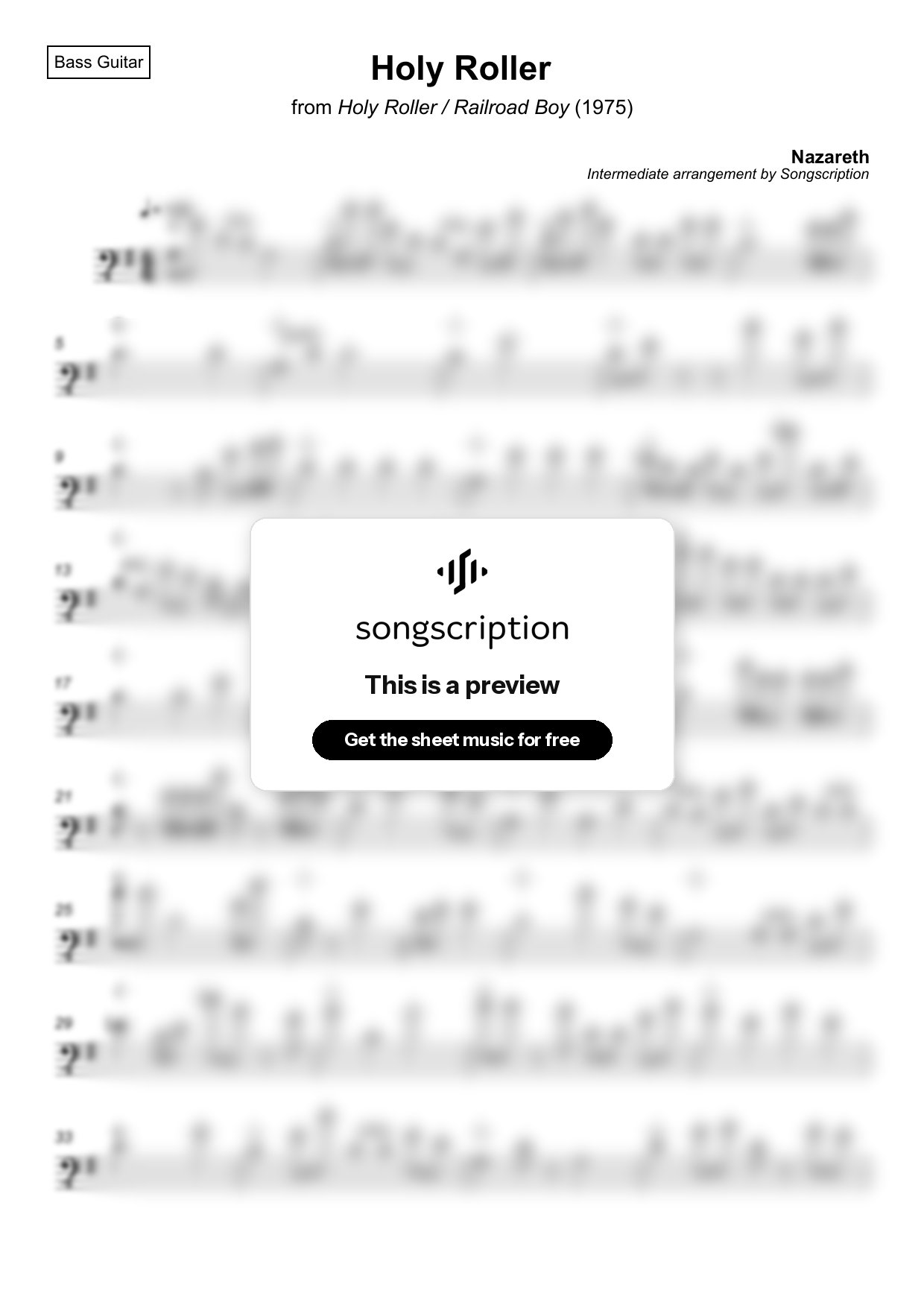 Intermediate Bass Guitar Sheet Music for "Holy Roller" by Nazareth