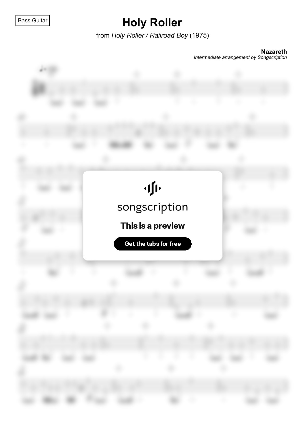 Intermediate Bass Guitar Tabs for "Holy Roller" by Nazareth