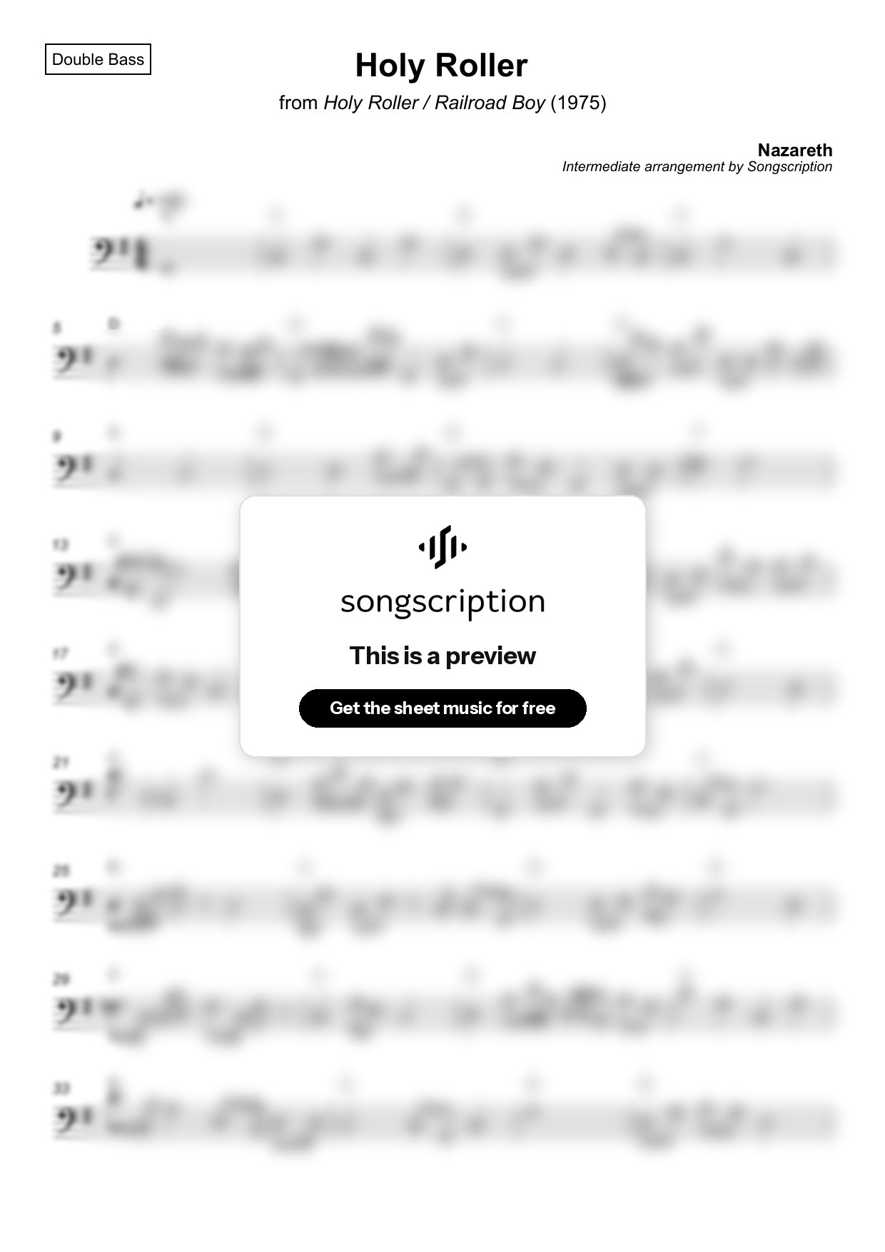 Intermediate Double Bass Sheet Music for "Holy Roller" by Nazareth