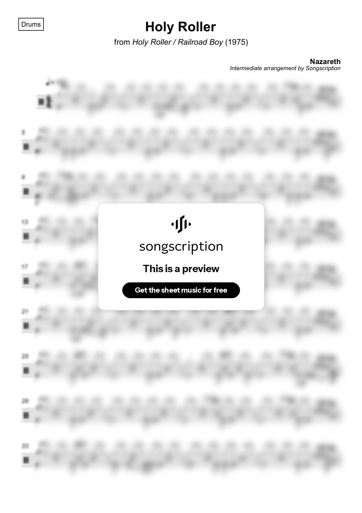 Intermediate Drums Sheet Music for "Holy Roller" by Nazareth