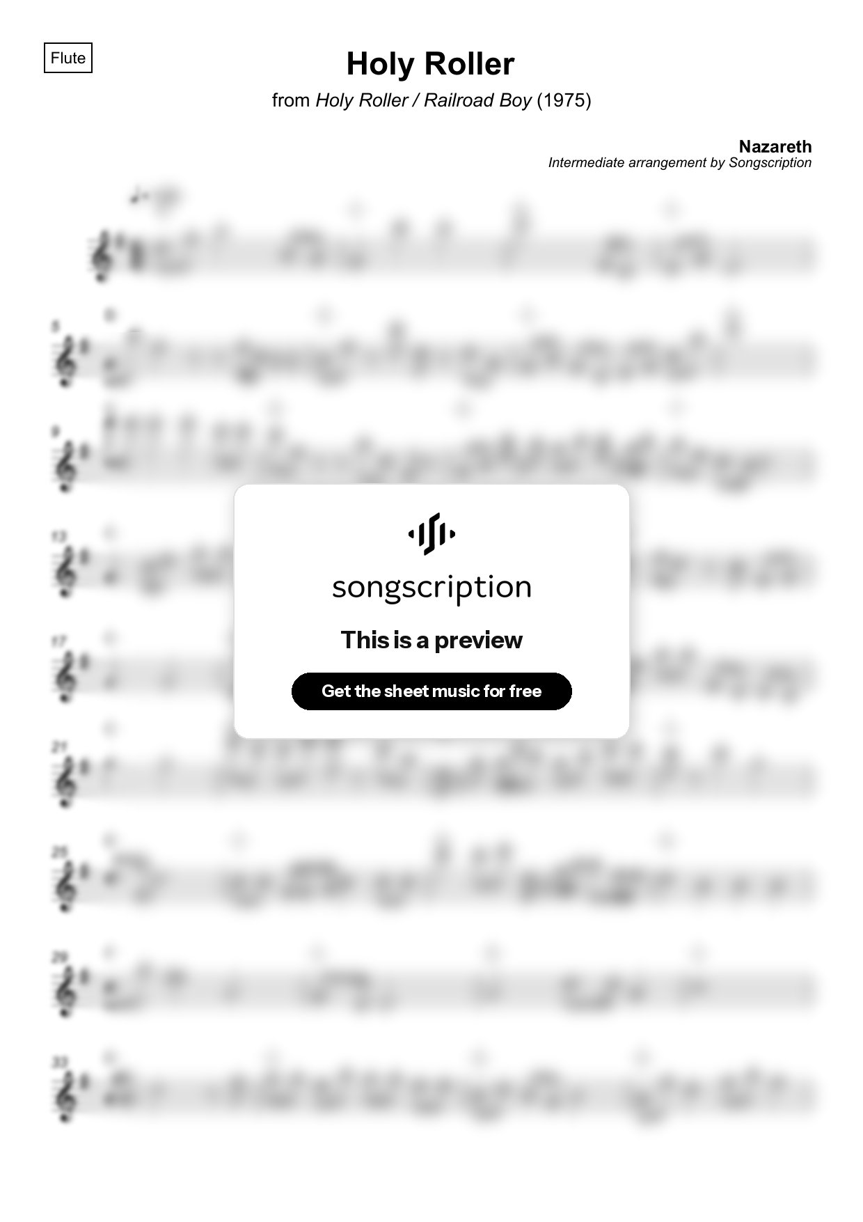 Intermediate Flute Sheet Music for "Holy Roller" by Nazareth
