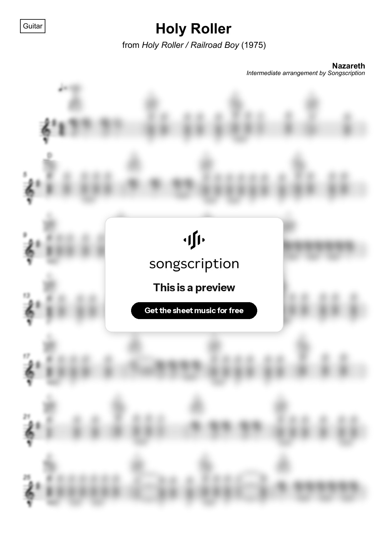 Intermediate Acoustic Guitar Sheet Music for "Holy Roller" by Nazareth