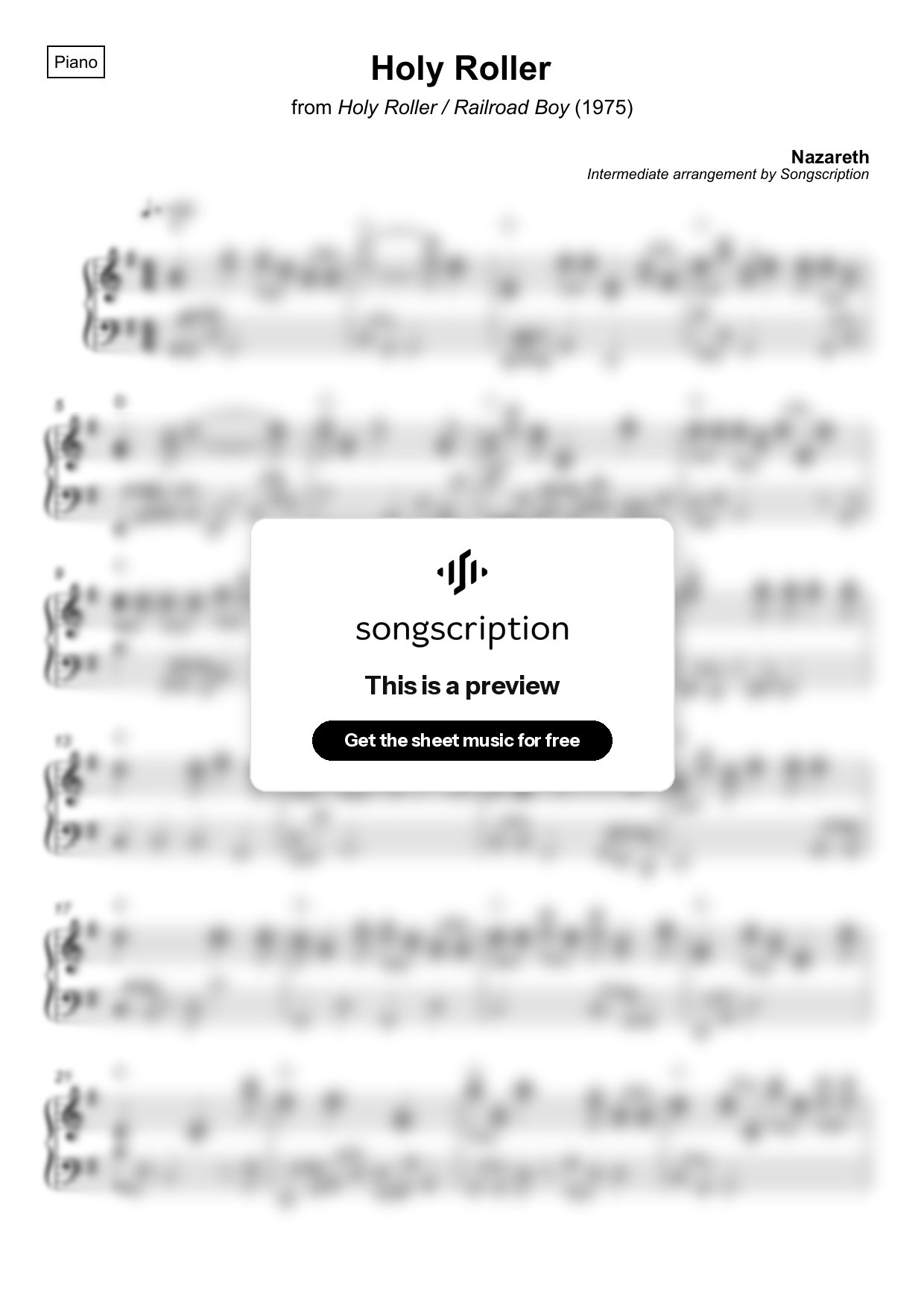 Intermediate Piano Sheet Music for "Holy Roller" by Nazareth