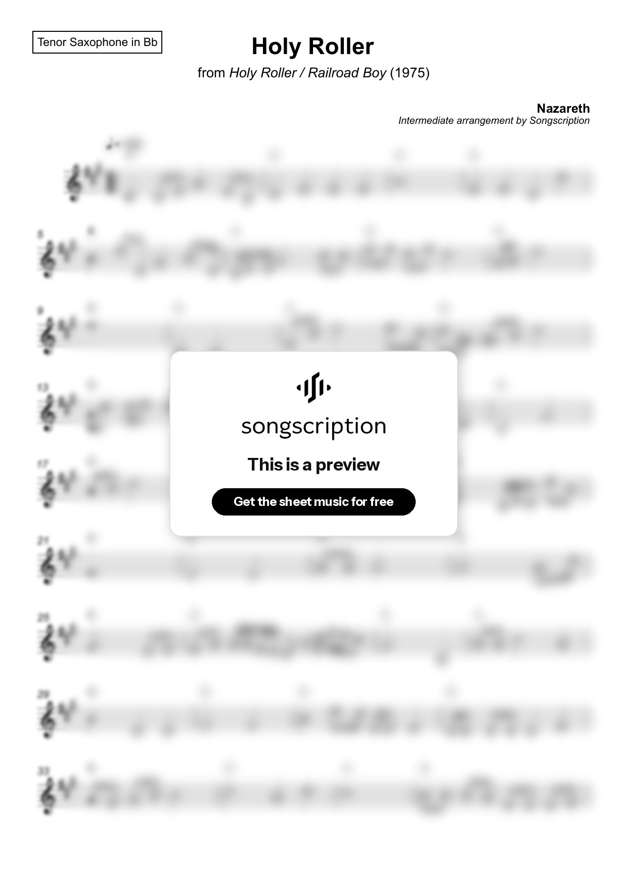 Intermediate Tenor Sax Sheet Music for "Holy Roller" by Nazareth