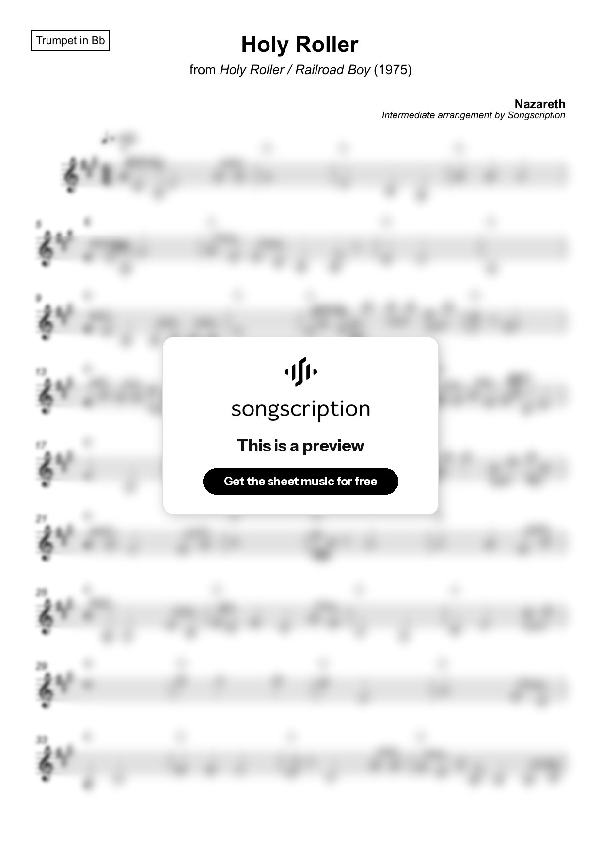 Intermediate Trumpet Sheet Music for "Holy Roller" by Nazareth