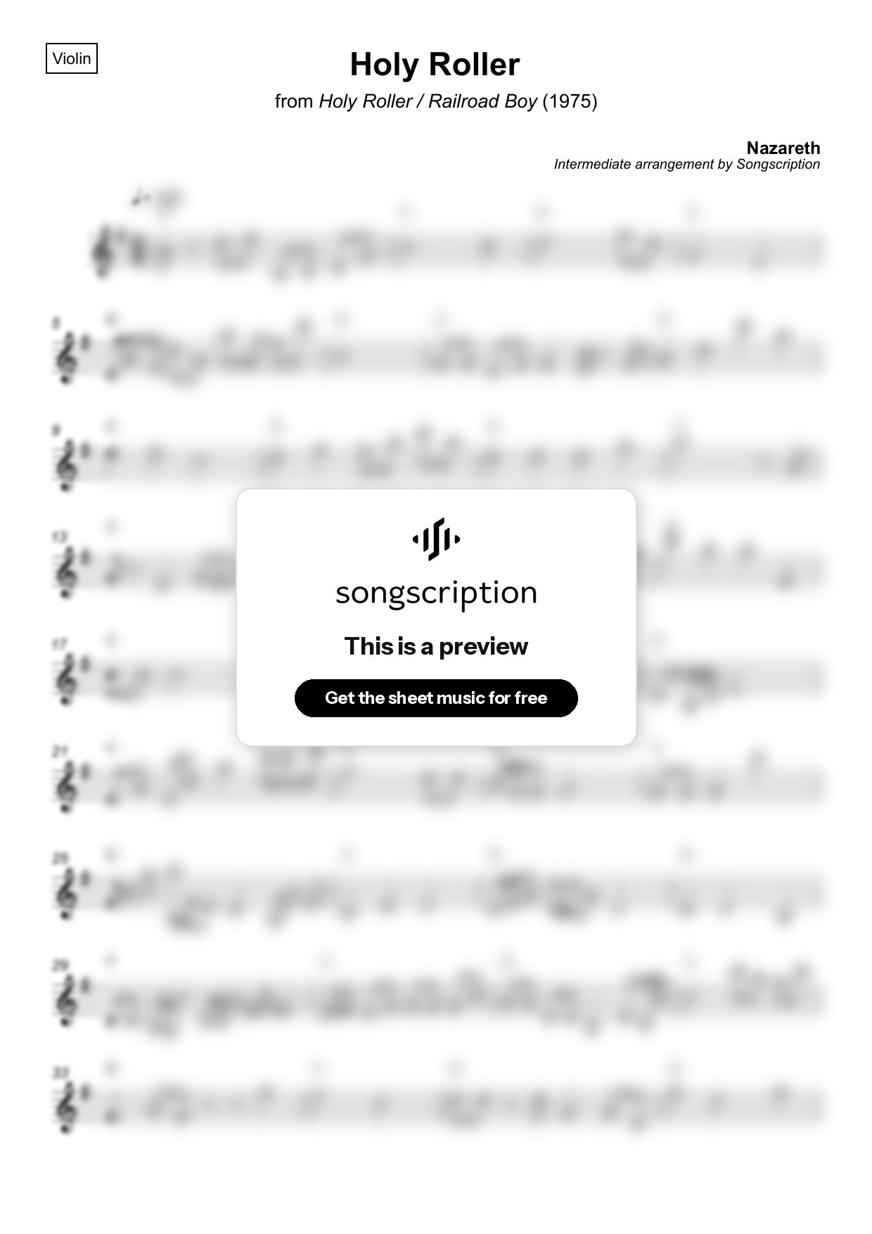 Intermediate Violin Sheet Music for "Holy Roller" by Nazareth