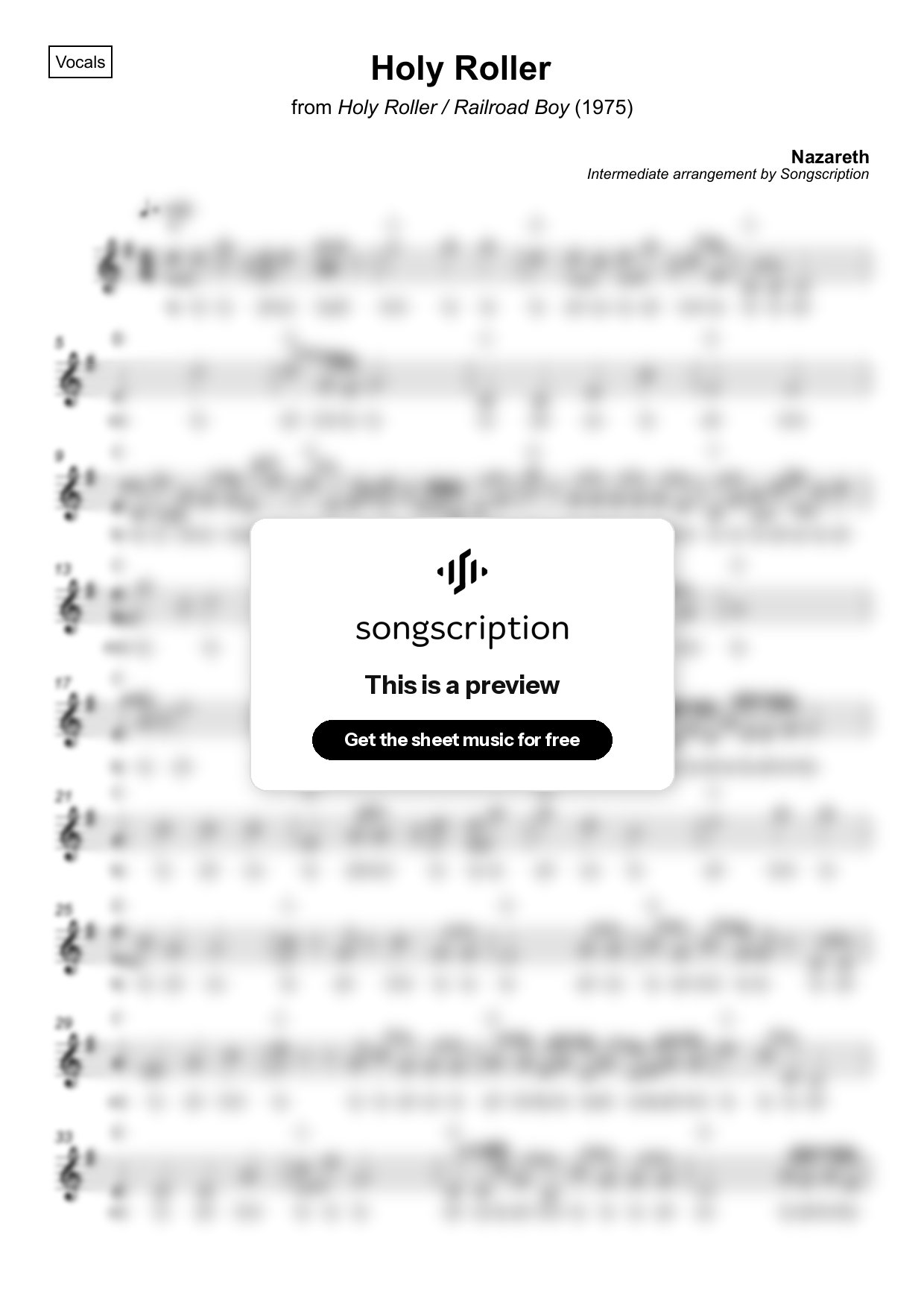 Intermediate Vocals Sheet Music for "Holy Roller" by Nazareth