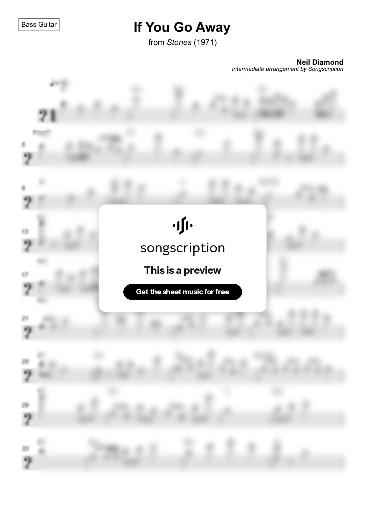 Intermediate Bass Guitar Sheet Music for "If You Go Away" by Neil Diamond