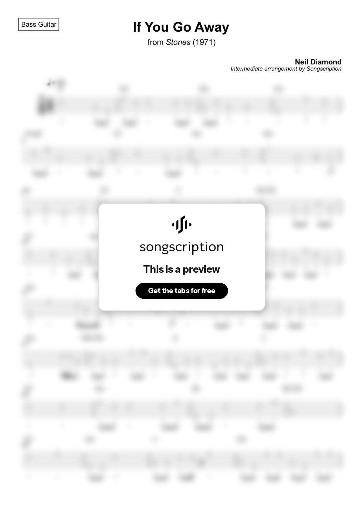 Intermediate Bass Guitar Tabs for "If You Go Away" by Neil Diamond