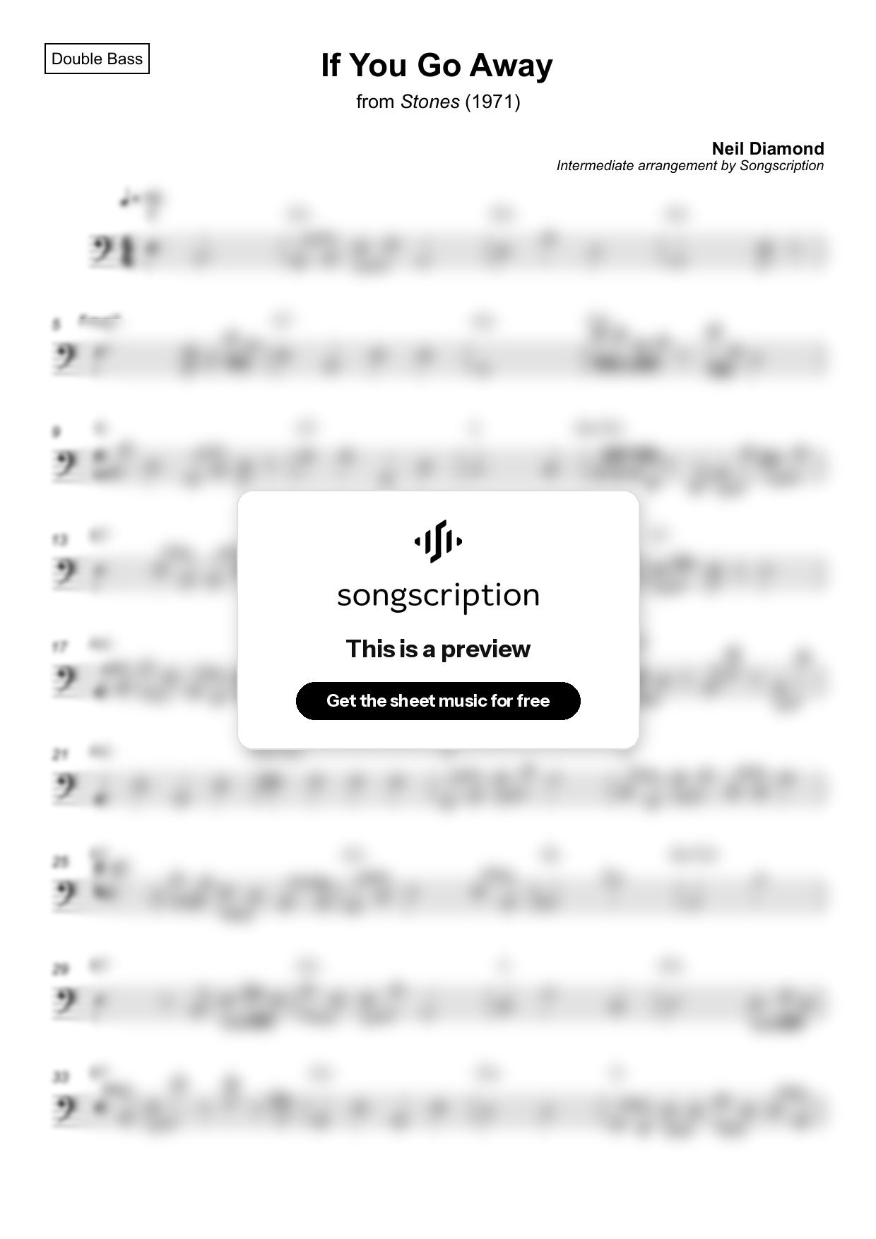 Intermediate Double Bass Sheet Music for "If You Go Away" by Neil Diamond