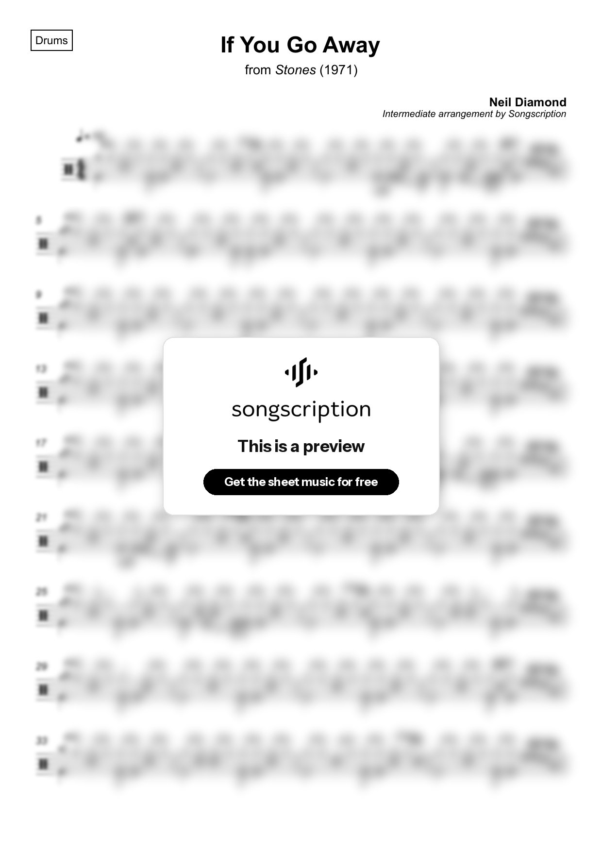 Intermediate Drums Sheet Music for "If You Go Away" by Neil Diamond