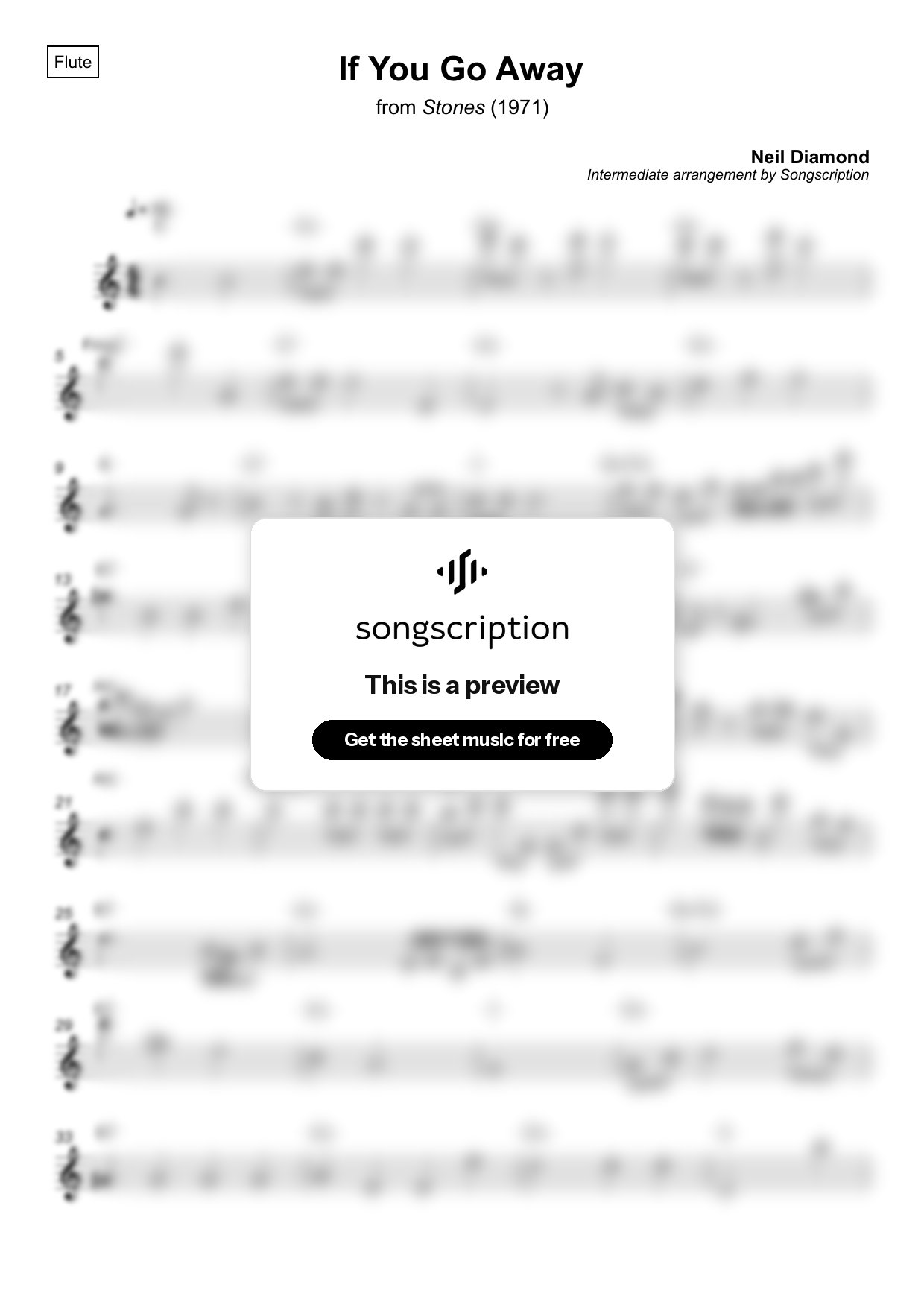 Intermediate Flute Sheet Music for "If You Go Away" by Neil Diamond
