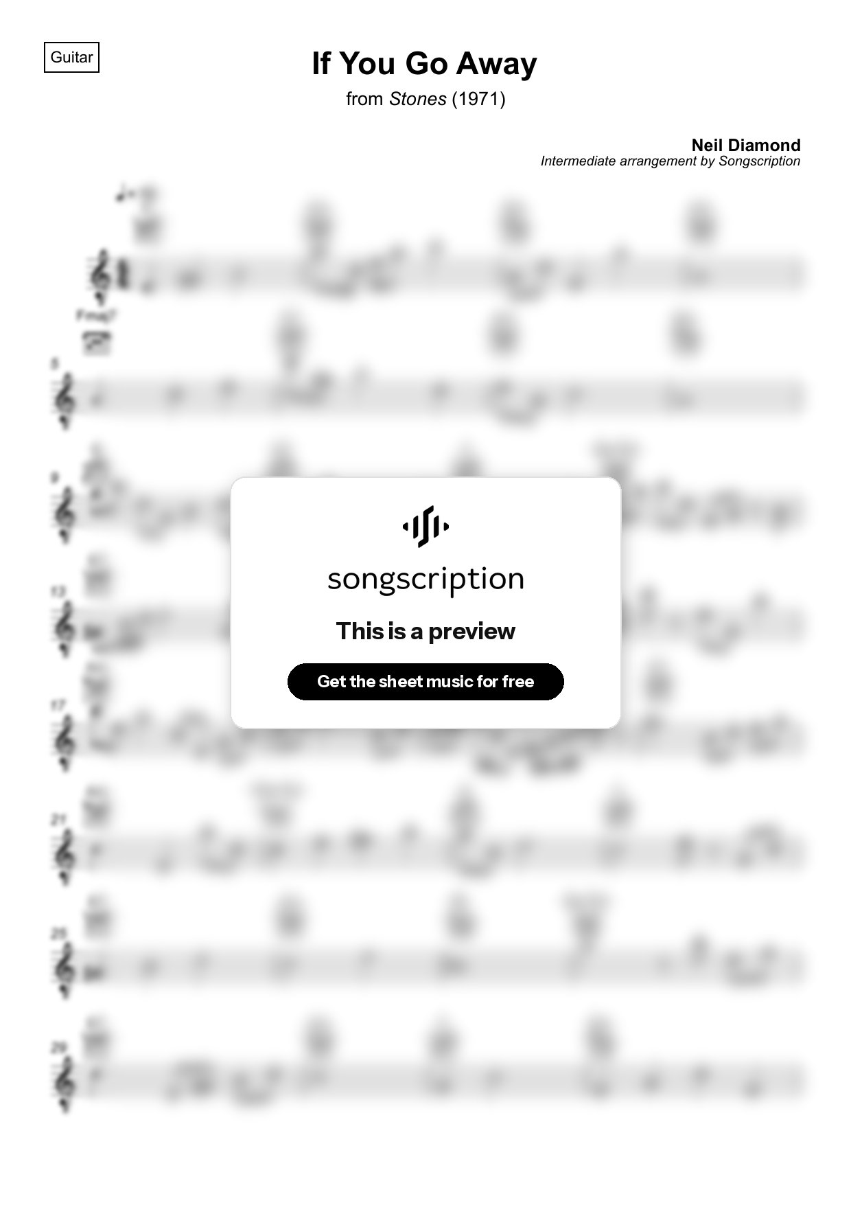 Intermediate Acoustic Guitar Sheet Music for "If You Go Away" by Neil Diamond