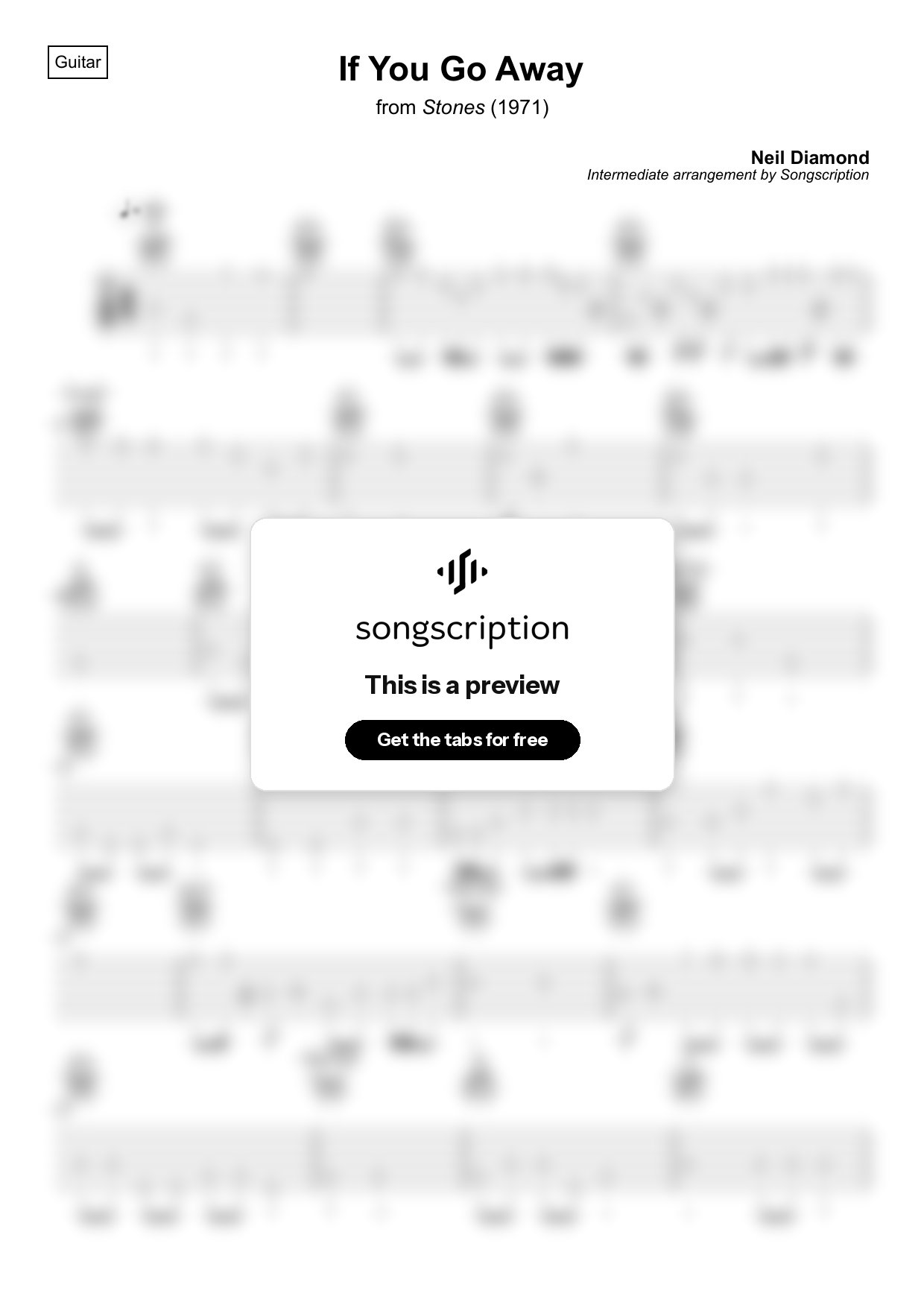 Intermediate Acoustic Guitar Tabs for "If You Go Away" by Neil Diamond