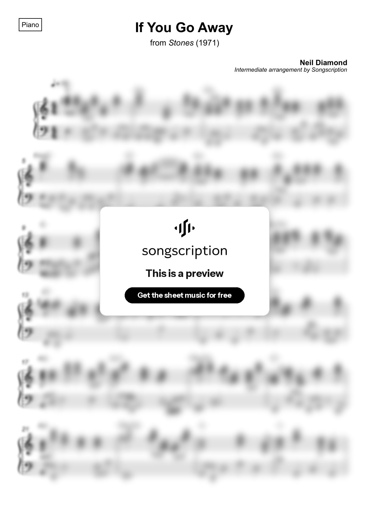 Intermediate Piano Sheet Music for "If You Go Away" by Neil Diamond
