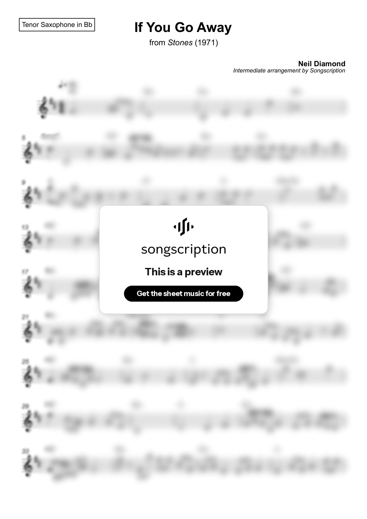 Intermediate Tenor Sax Sheet Music for "If You Go Away" by Neil Diamond