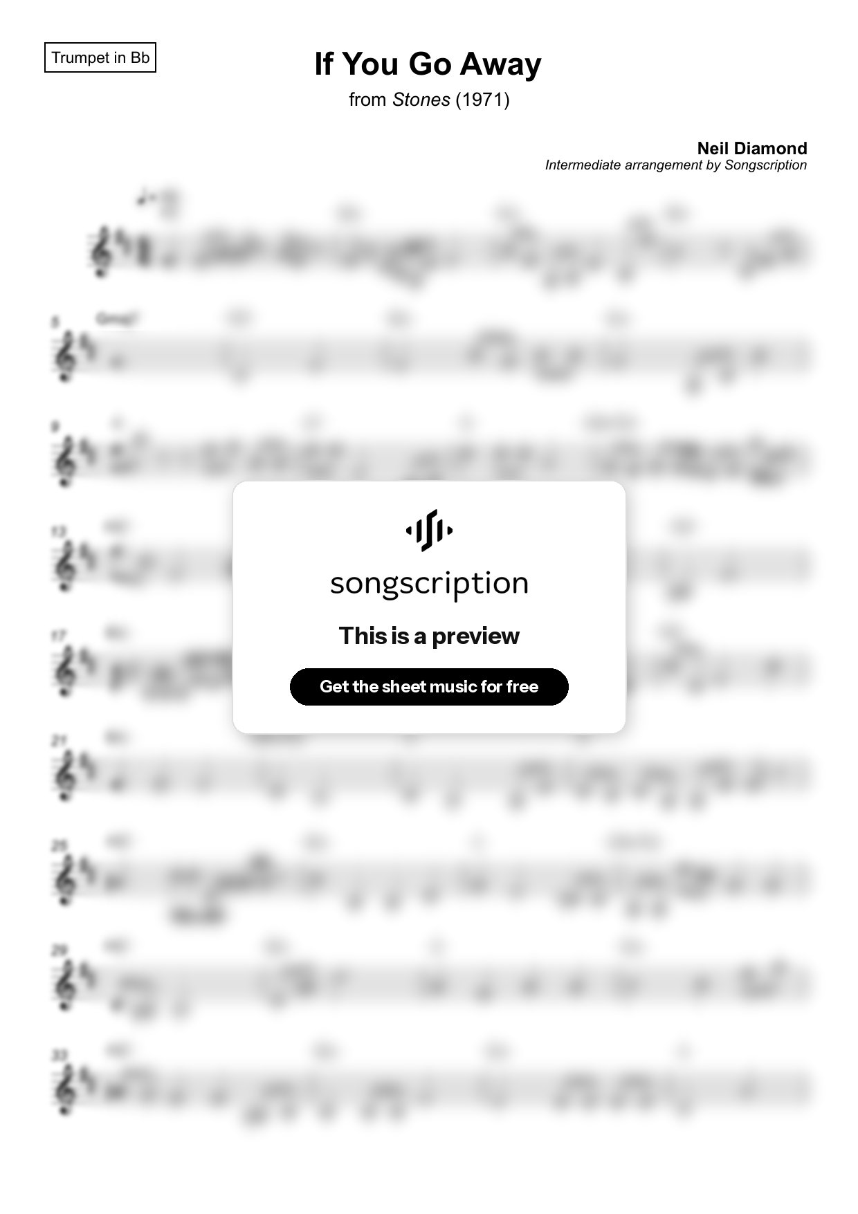 Intermediate Trumpet Sheet Music for "If You Go Away" by Neil Diamond