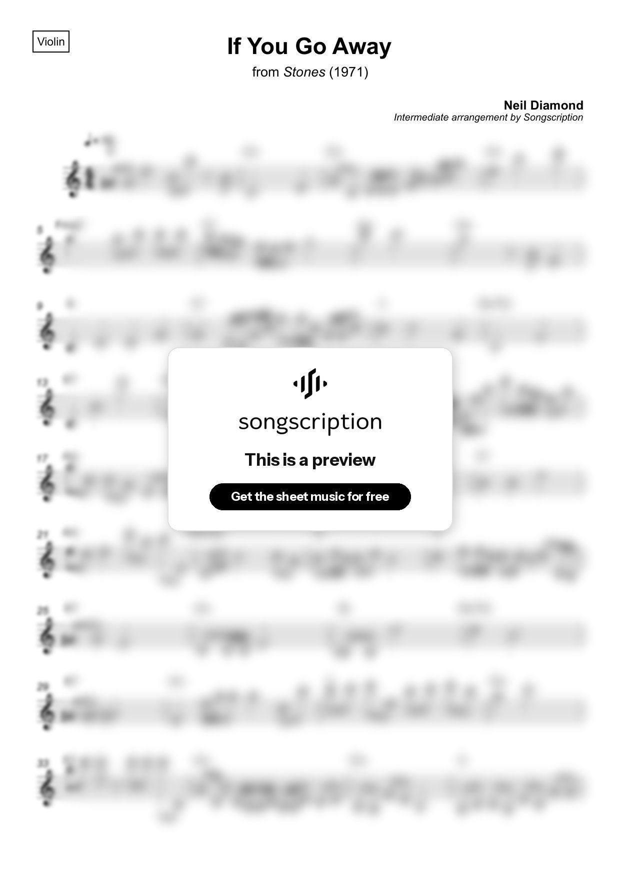 Intermediate Violin Sheet Music for "If You Go Away" by Neil Diamond