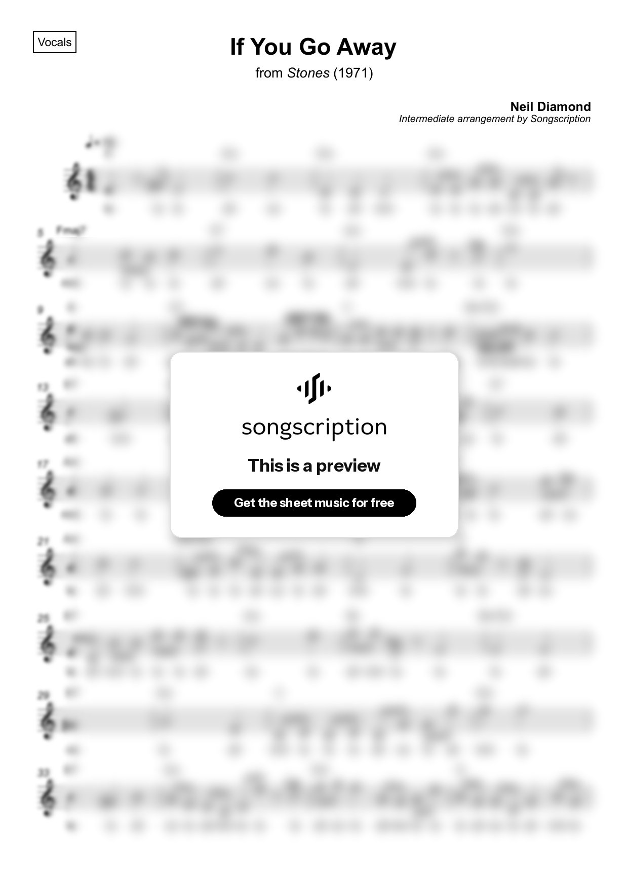 Intermediate Vocals Sheet Music for "If You Go Away" by Neil Diamond