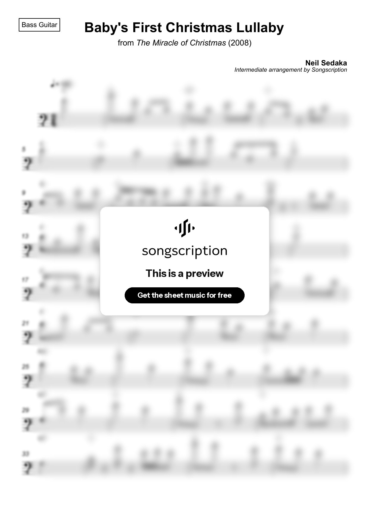 Intermediate Bass Guitar Sheet Music for "Baby's First Christmas Lullaby" by Neil Sedaka
