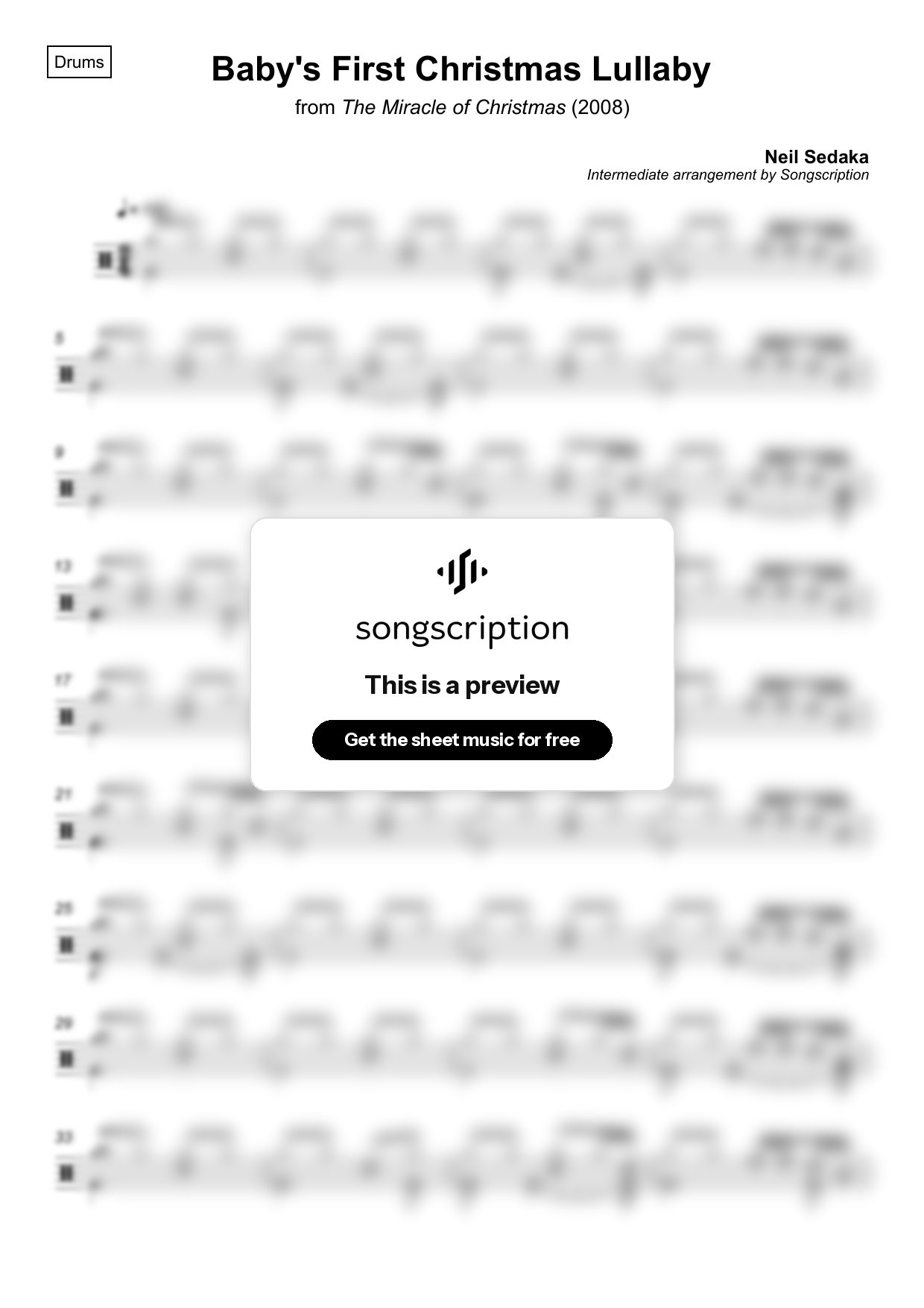 Intermediate Drums Sheet Music for "Baby's First Christmas Lullaby" by Neil Sedaka