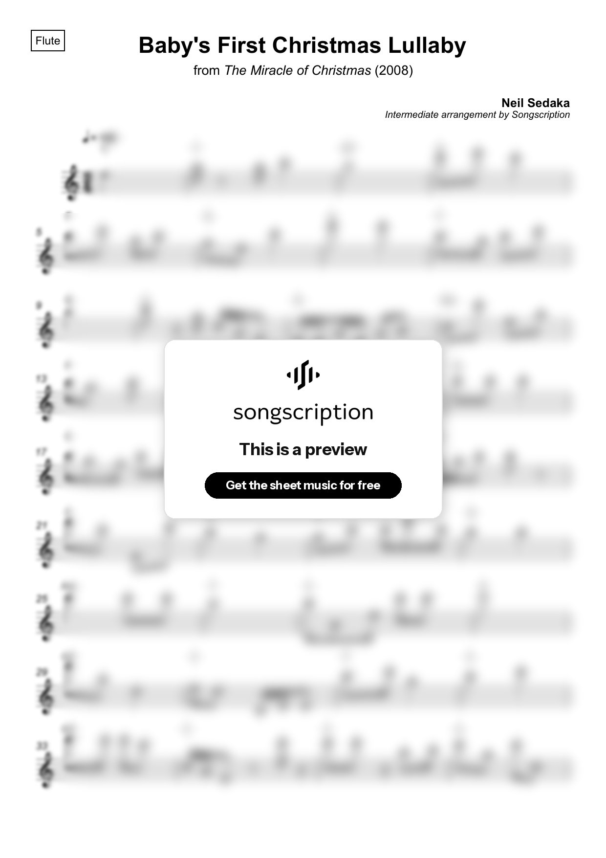 Intermediate Flute Sheet Music for "Baby's First Christmas Lullaby" by Neil Sedaka