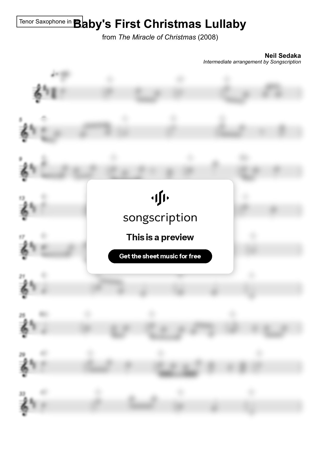 Intermediate Tenor Sax Sheet Music for "Baby's First Christmas Lullaby" by Neil Sedaka