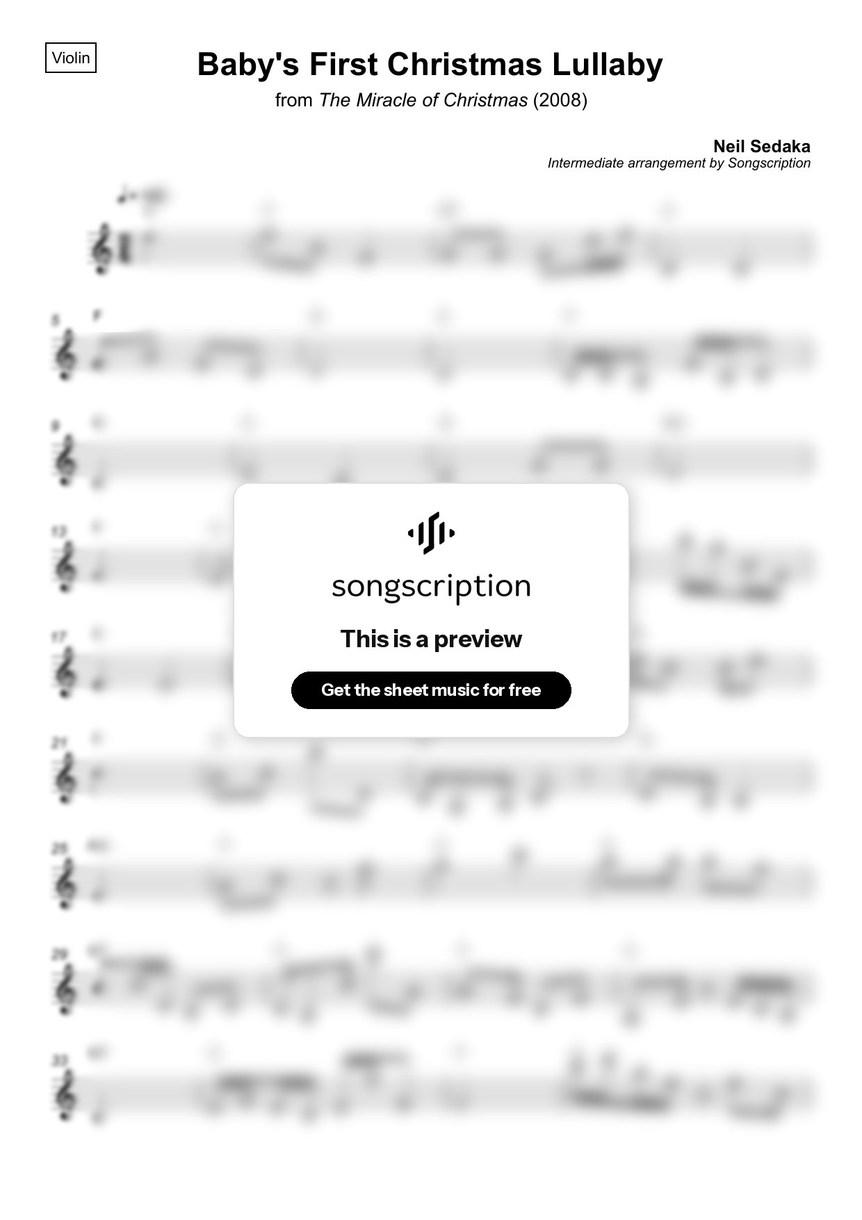 Intermediate Violin Sheet Music for "Baby's First Christmas Lullaby" by Neil Sedaka