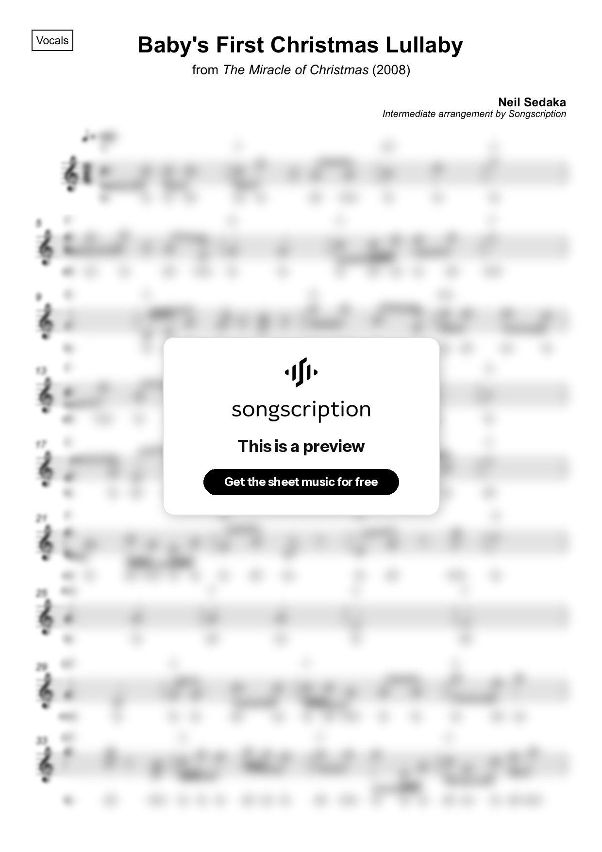 Intermediate Vocals Sheet Music for "Baby's First Christmas Lullaby" by Neil Sedaka