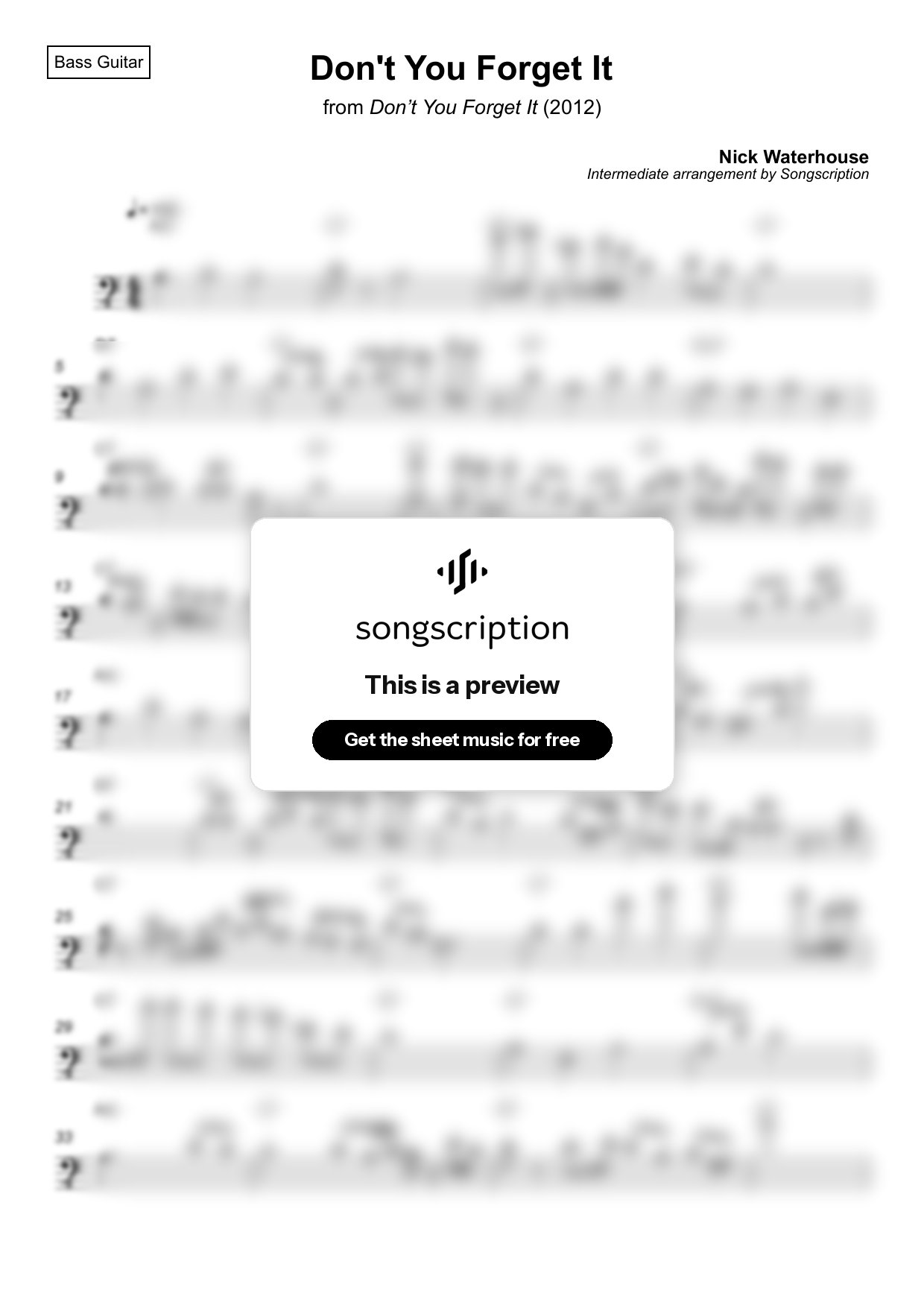 Intermediate Bass Guitar Sheet Music for "Don't You Forget It" by Nick Waterhouse
