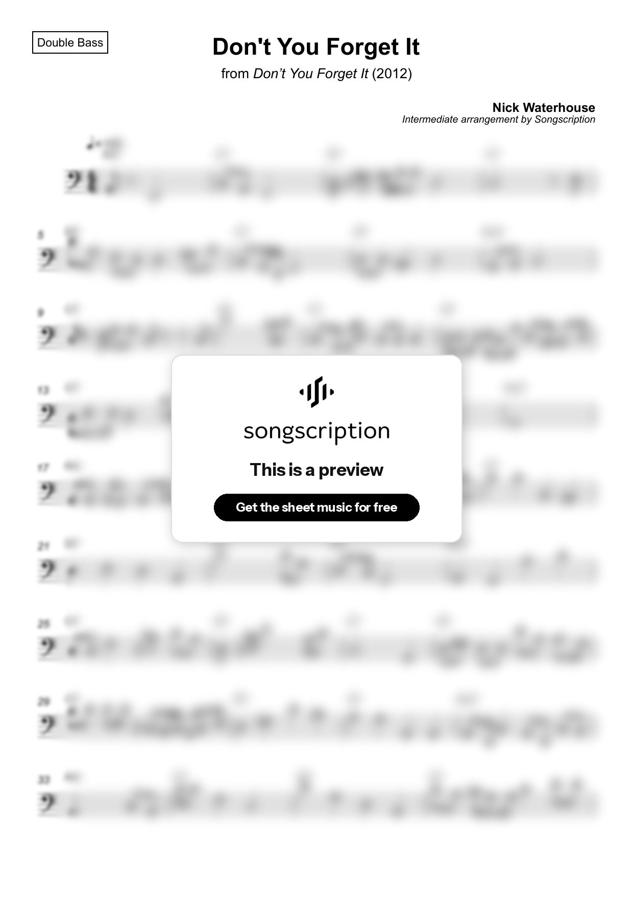 Intermediate Double Bass Sheet Music for "Don't You Forget It" by Nick Waterhouse