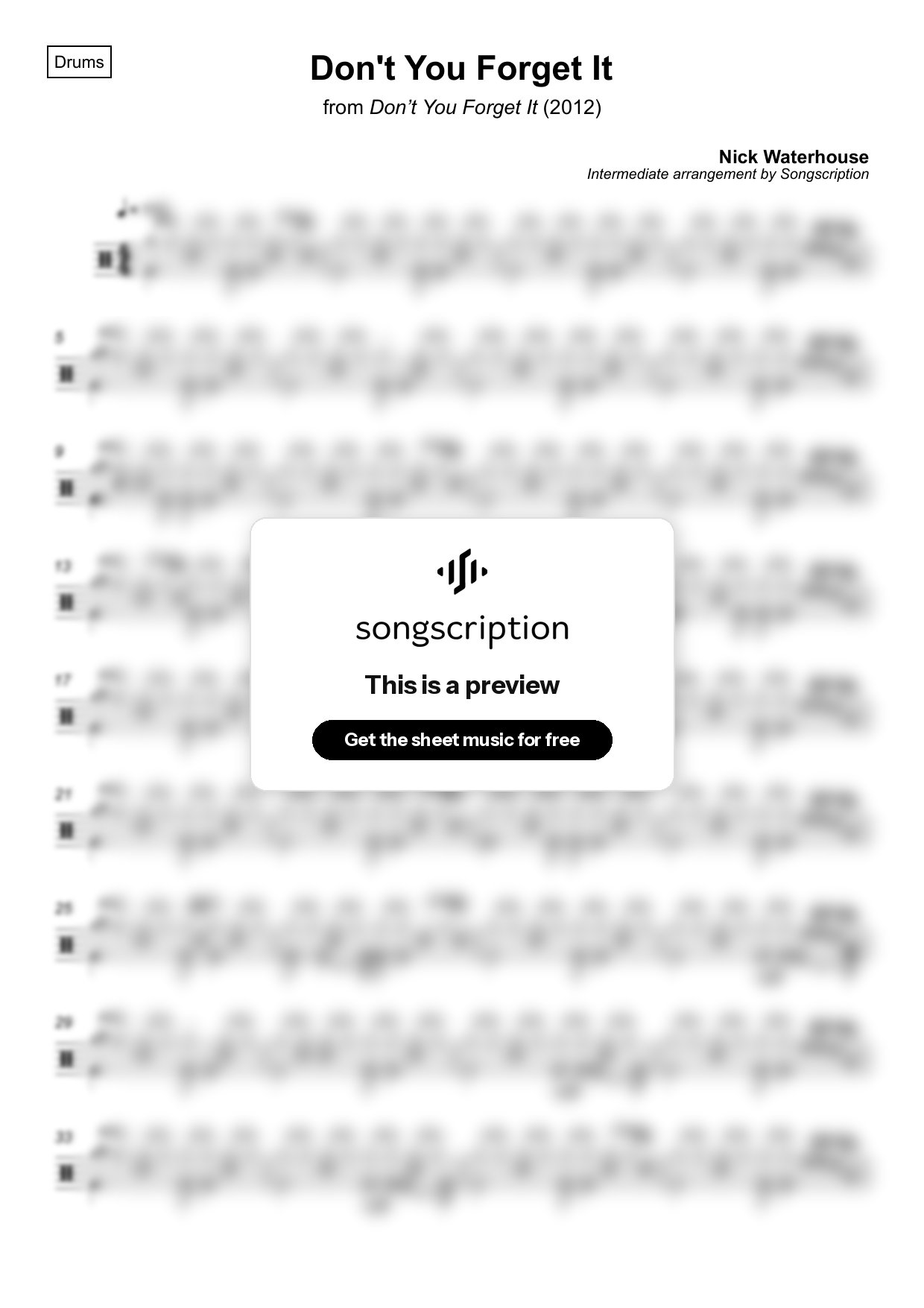 Intermediate Drums Sheet Music for "Don't You Forget It" by Nick Waterhouse