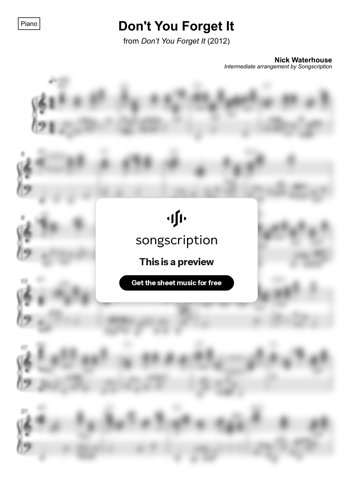 Intermediate Piano Sheet Music for "Don't You Forget It" by Nick Waterhouse
