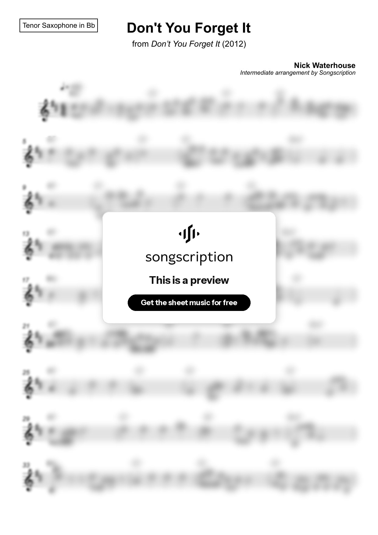 Intermediate Tenor Sax Sheet Music for "Don't You Forget It" by Nick Waterhouse