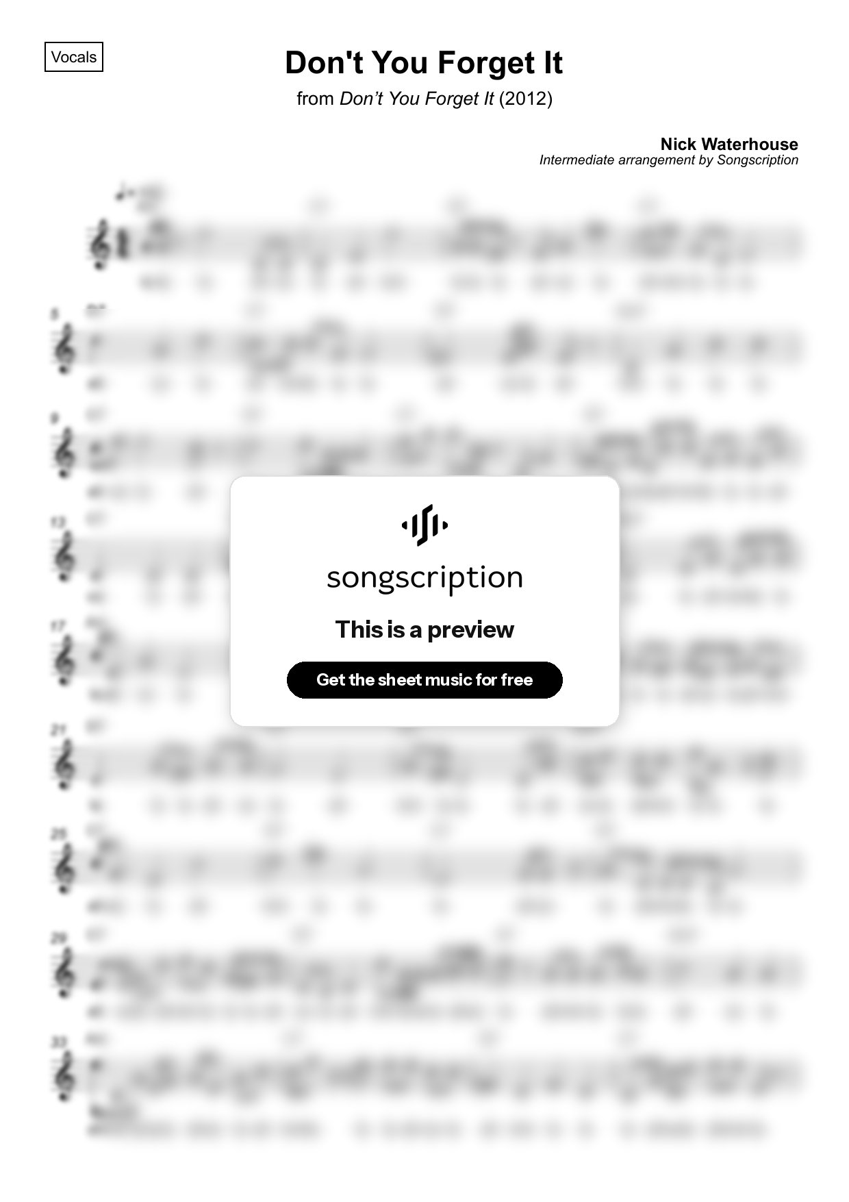 Intermediate Vocals Sheet Music for "Don't You Forget It" by Nick Waterhouse