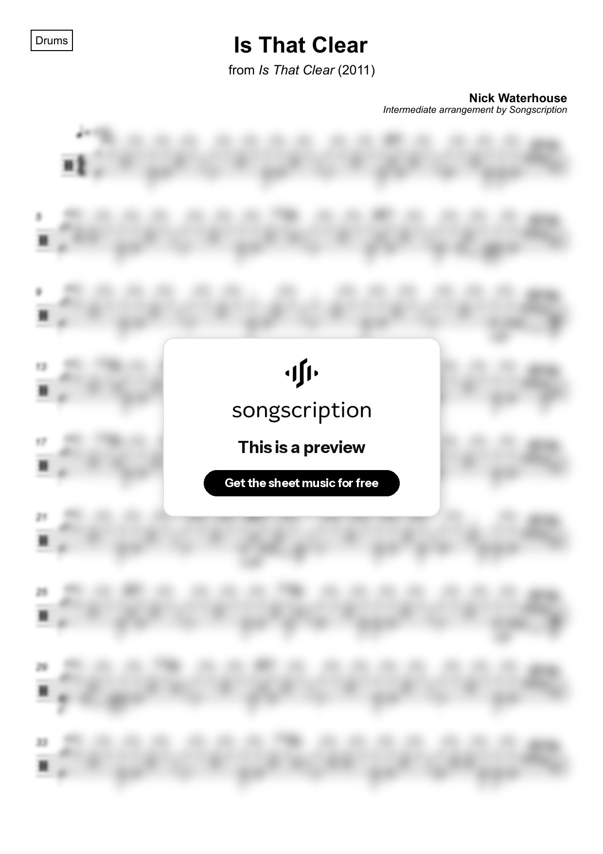 Intermediate Drums Sheet Music for "Is That Clear" by Nick Waterhouse