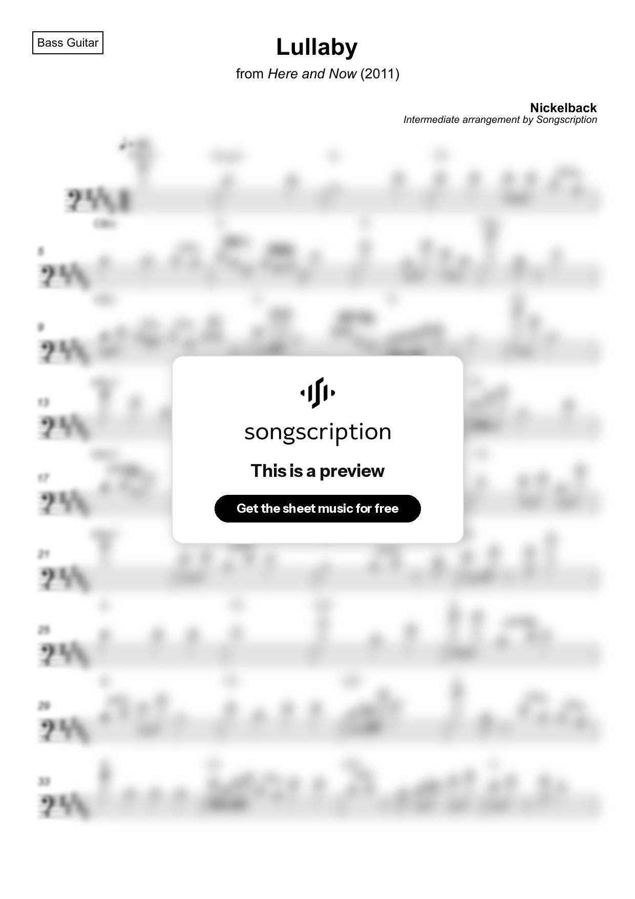 Intermediate Bass Guitar Sheet Music for "Lullaby" by Nickelback