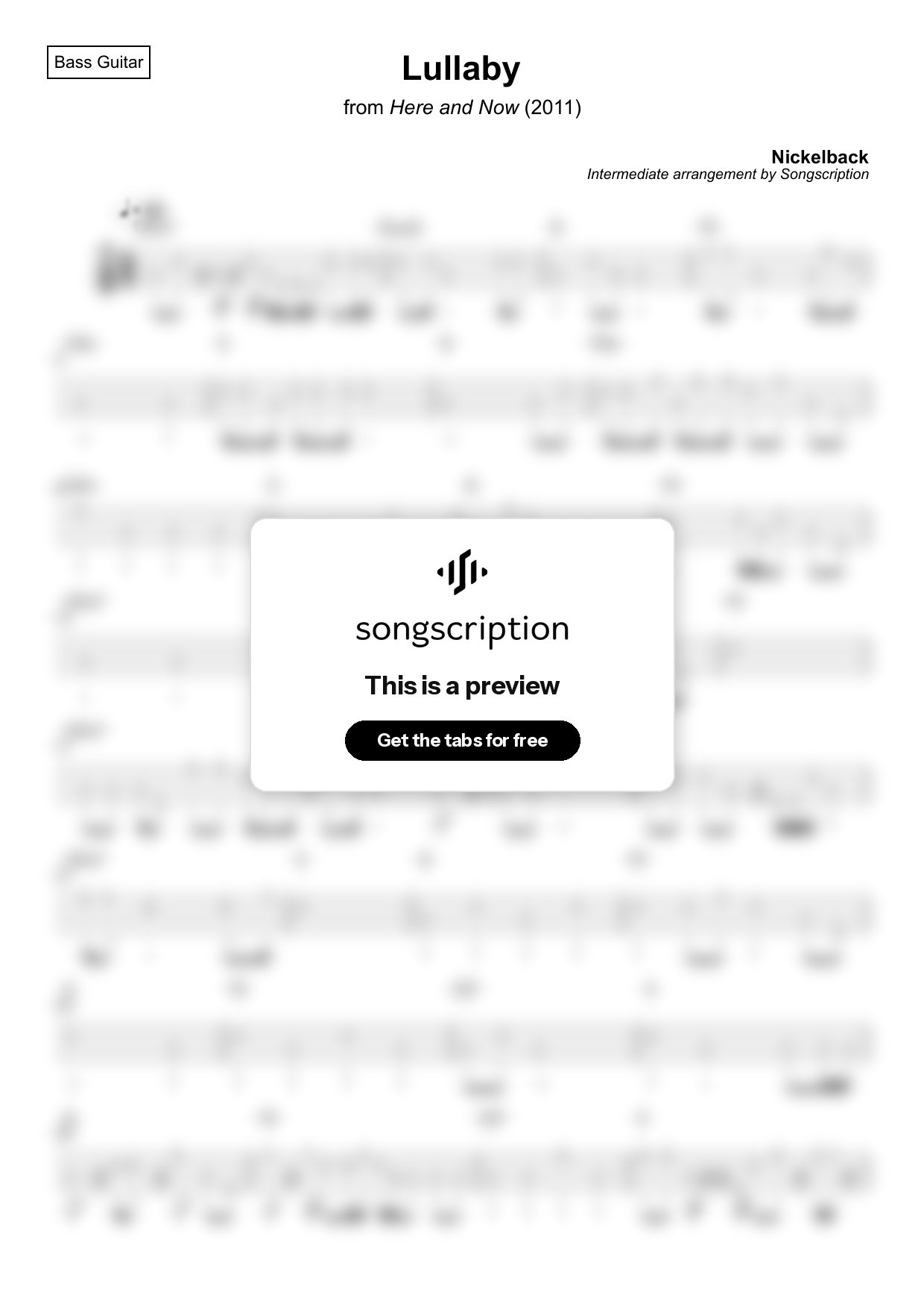 Intermediate Bass Guitar Tabs for "Lullaby" by Nickelback