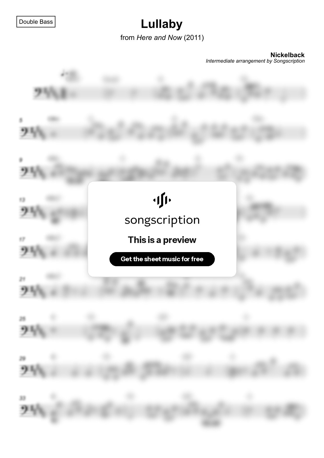 Intermediate Double Bass Sheet Music for "Lullaby" by Nickelback