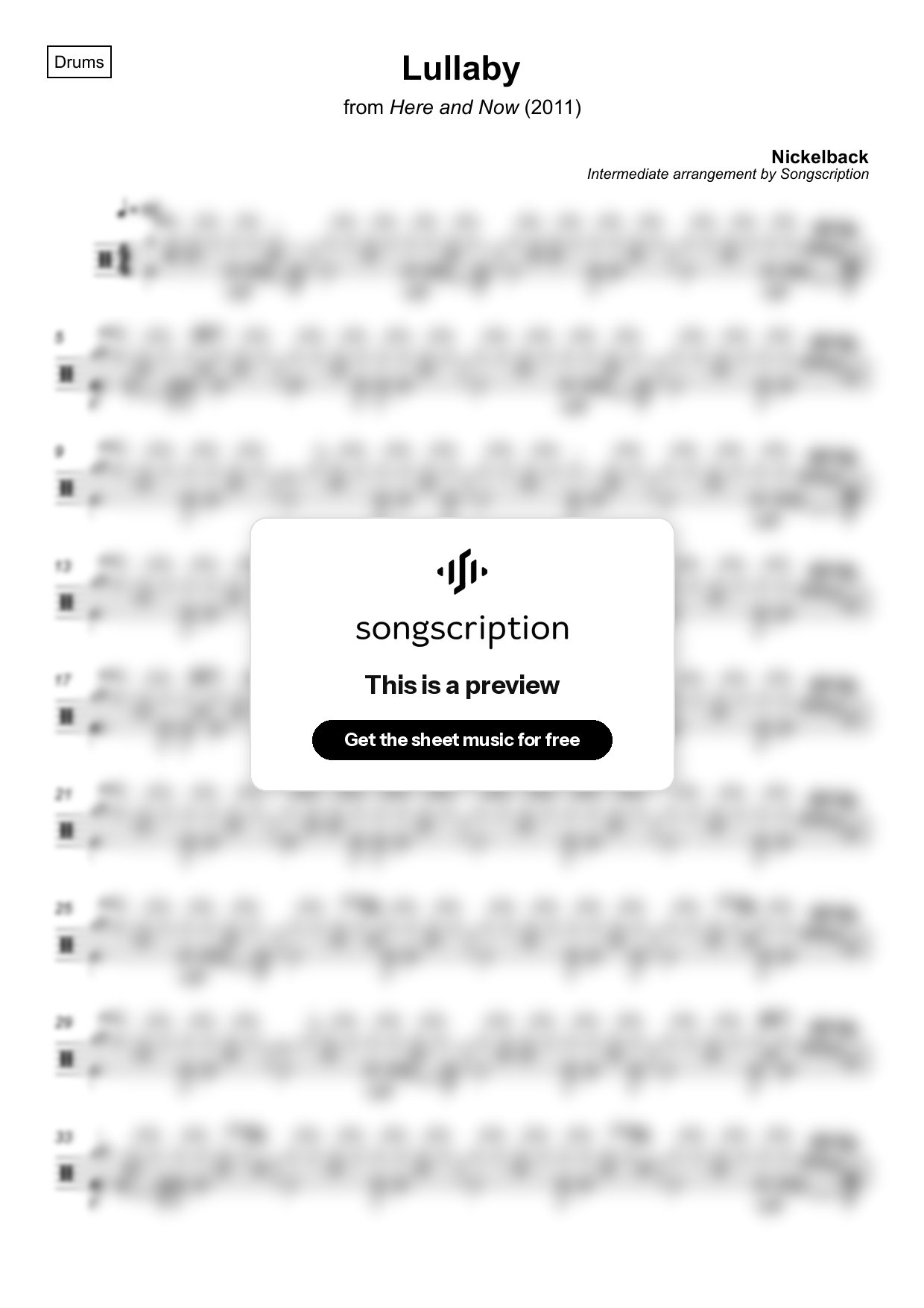Intermediate Drums Sheet Music for "Lullaby" by Nickelback