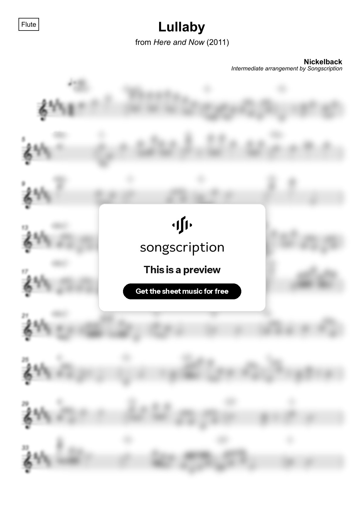 Intermediate Flute Sheet Music for "Lullaby" by Nickelback