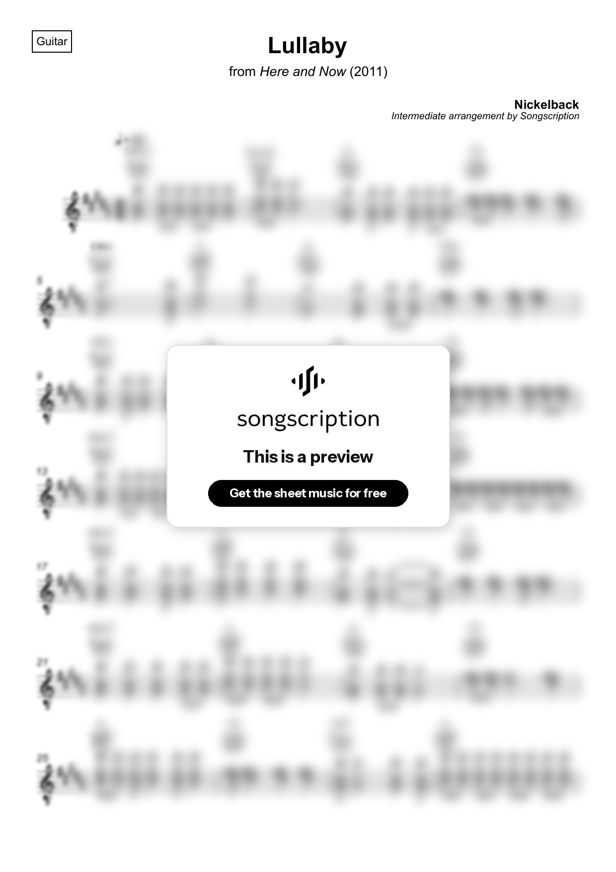 Intermediate Acoustic Guitar Sheet Music for "Lullaby" by Nickelback